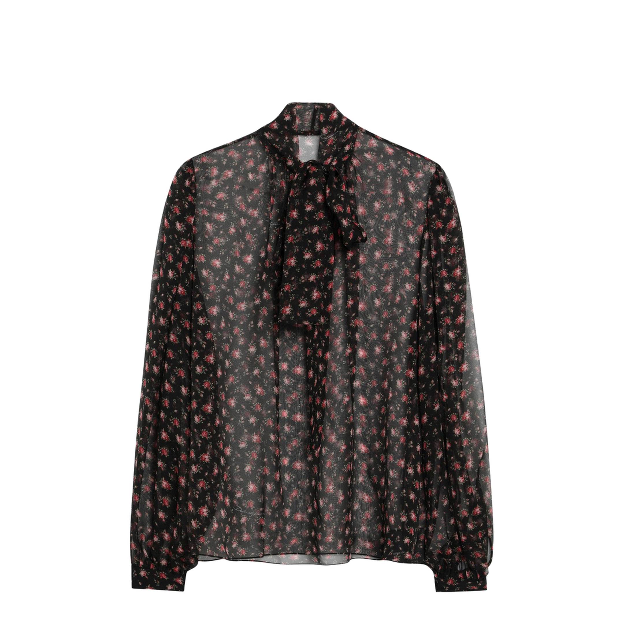 Black Chiffon Blouse with Small Rose Print - Image 1