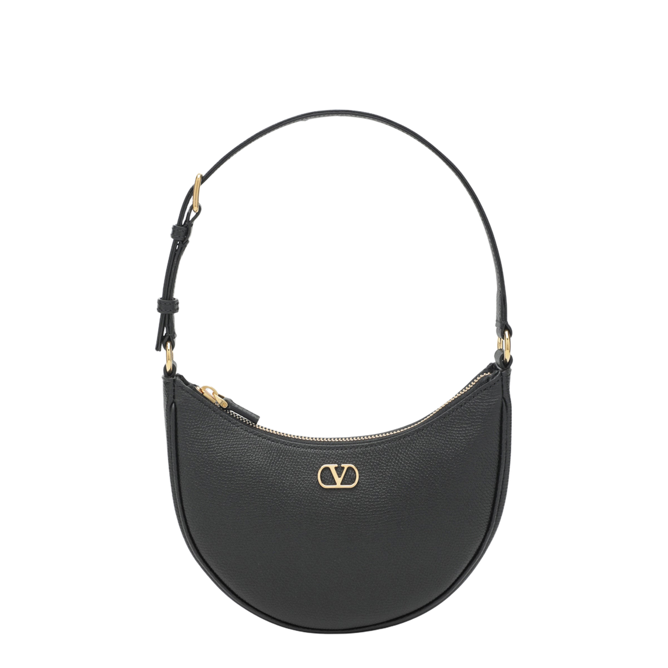 VLogo Signature Mini Grainy Calfskin Hobo Bag - Black - Image 1