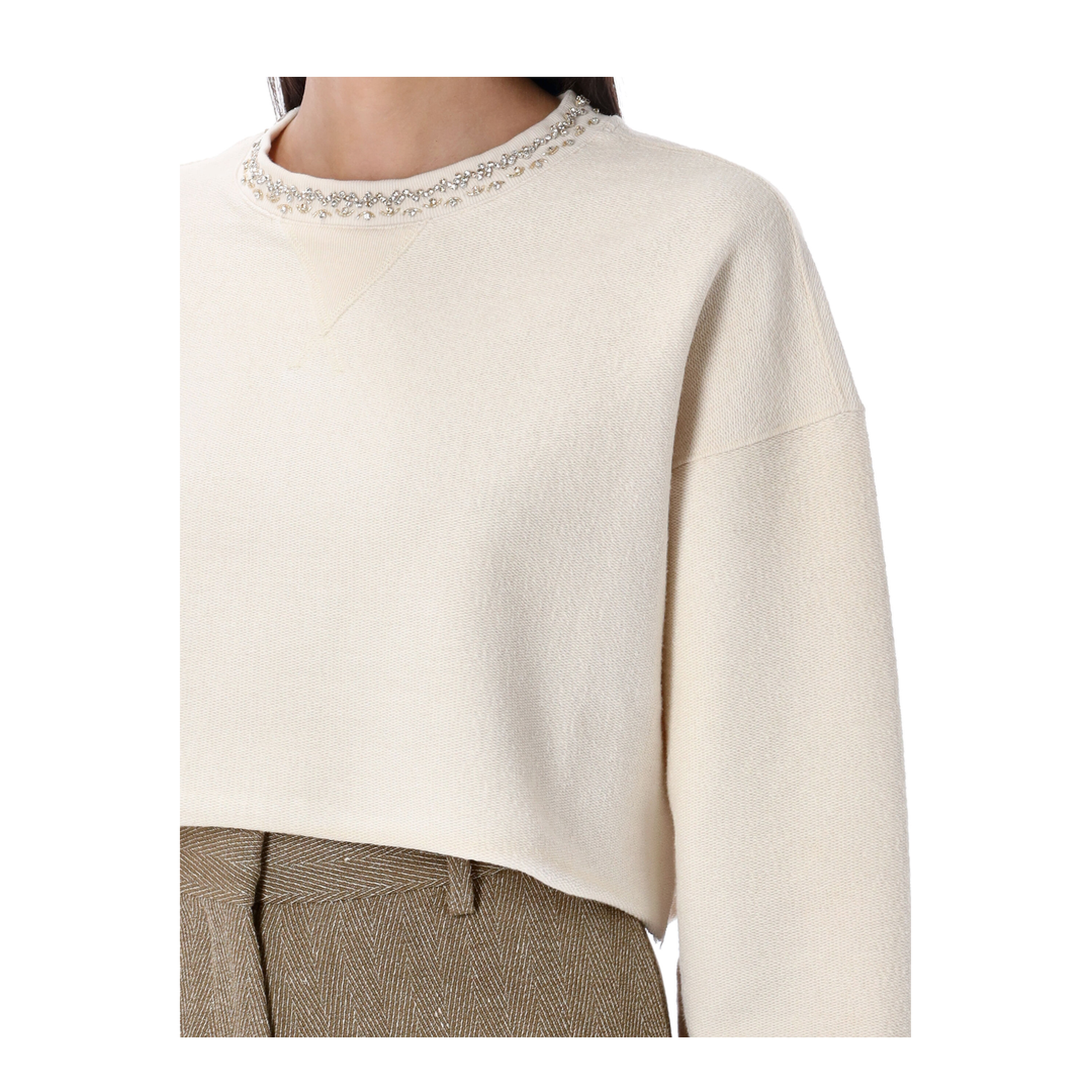 Cream Cotton Cropped Sweatshirt with Crystals - Image 3