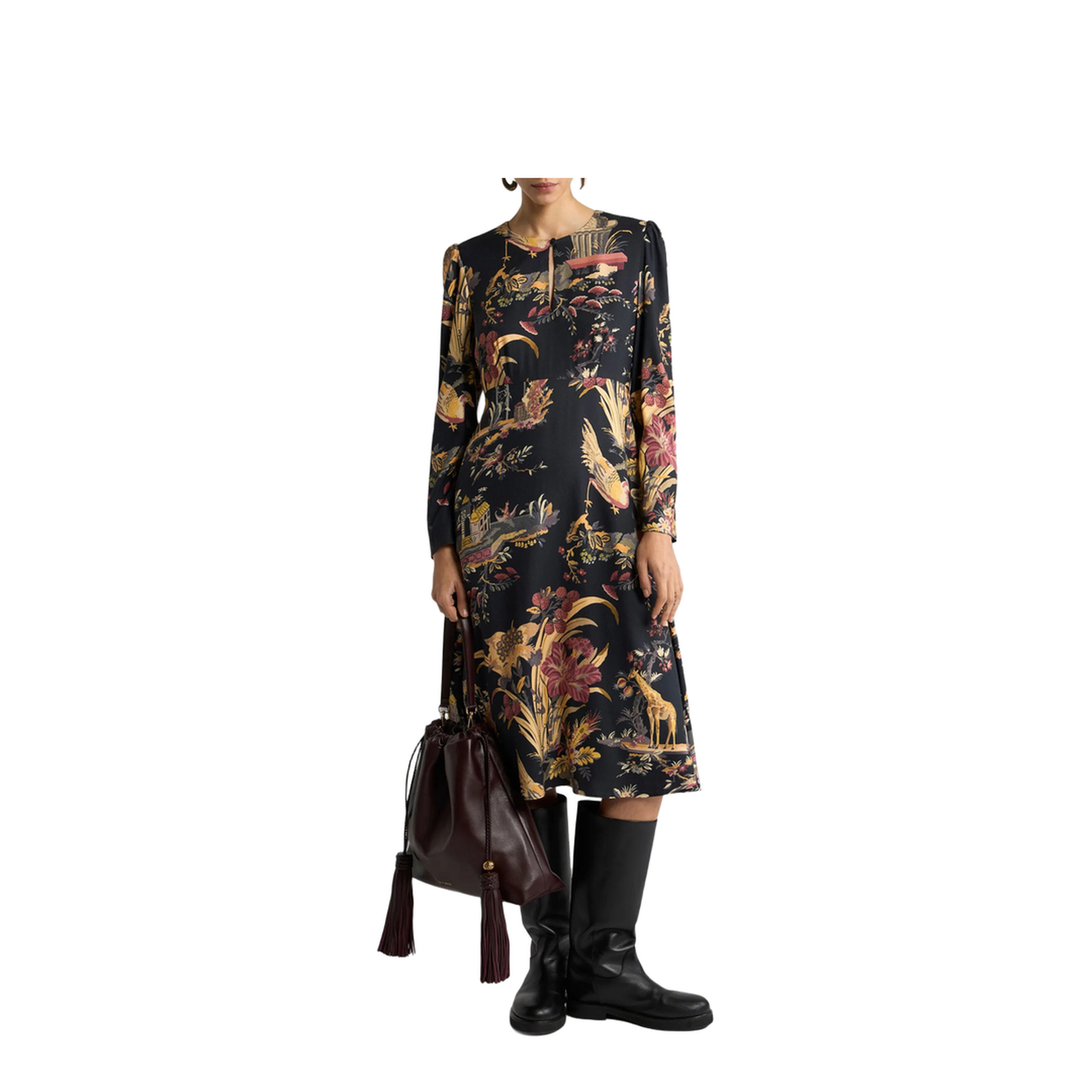Crepe Midi Dress with Flower and Animal Motif - Image 2