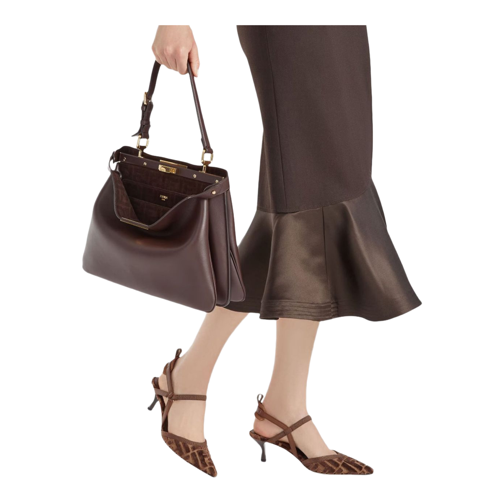 Brown FF Motif Jacquard Velvet Slingback Strap Pointed Toe - Image 3