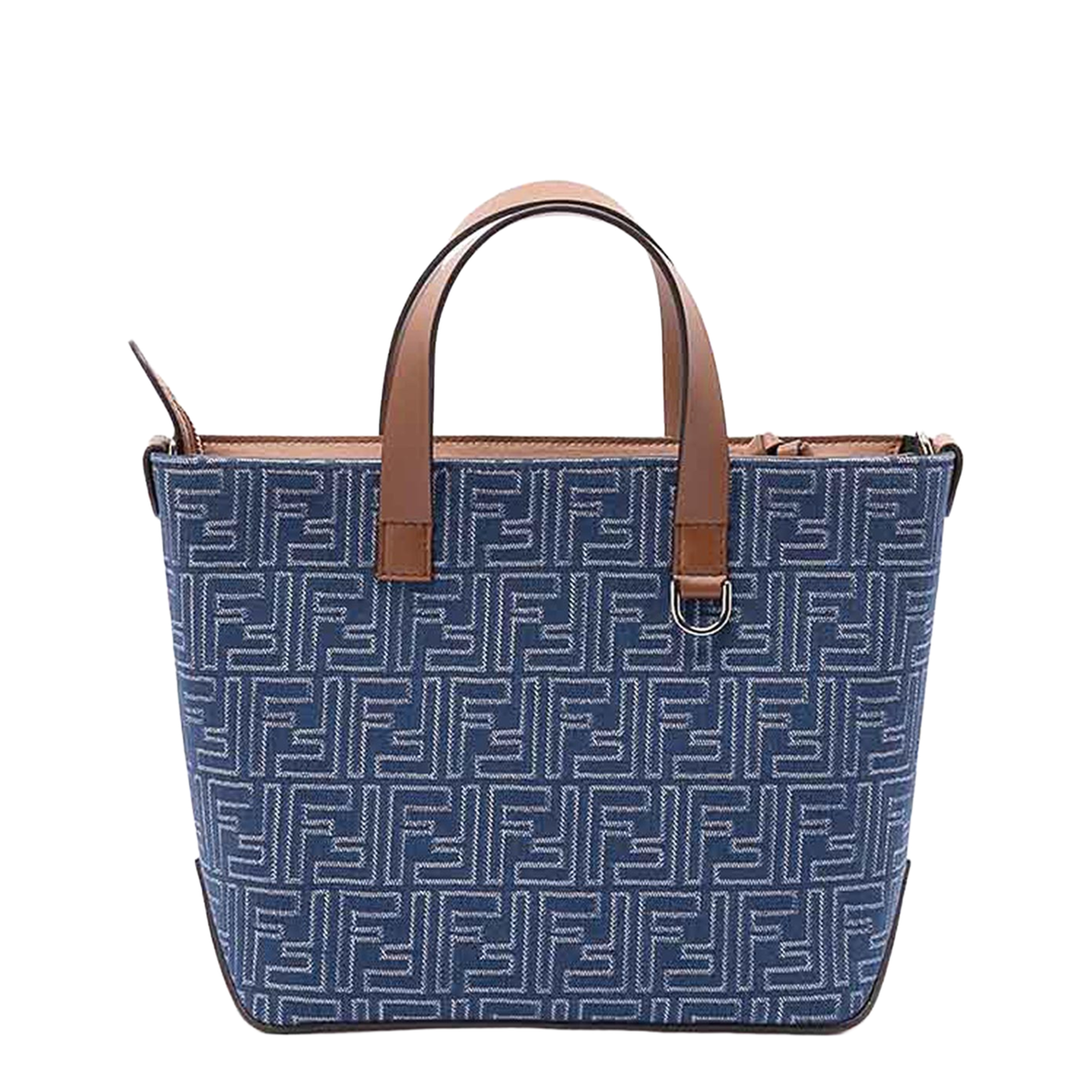 FF Leather Denim Effect FF Jacquard Blue And Brown Small Shopping Bag - Image 1