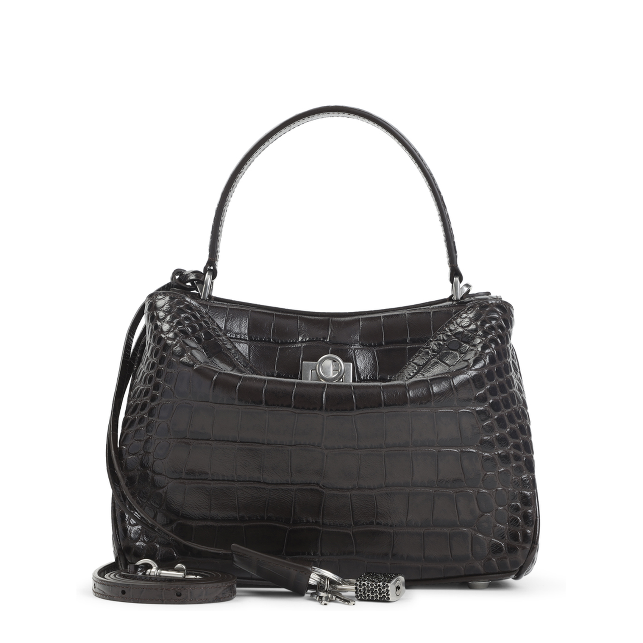 Rodeo Medium Crocodile Embossed Suede Calfskin Handbag - Dark Brown - Image 1