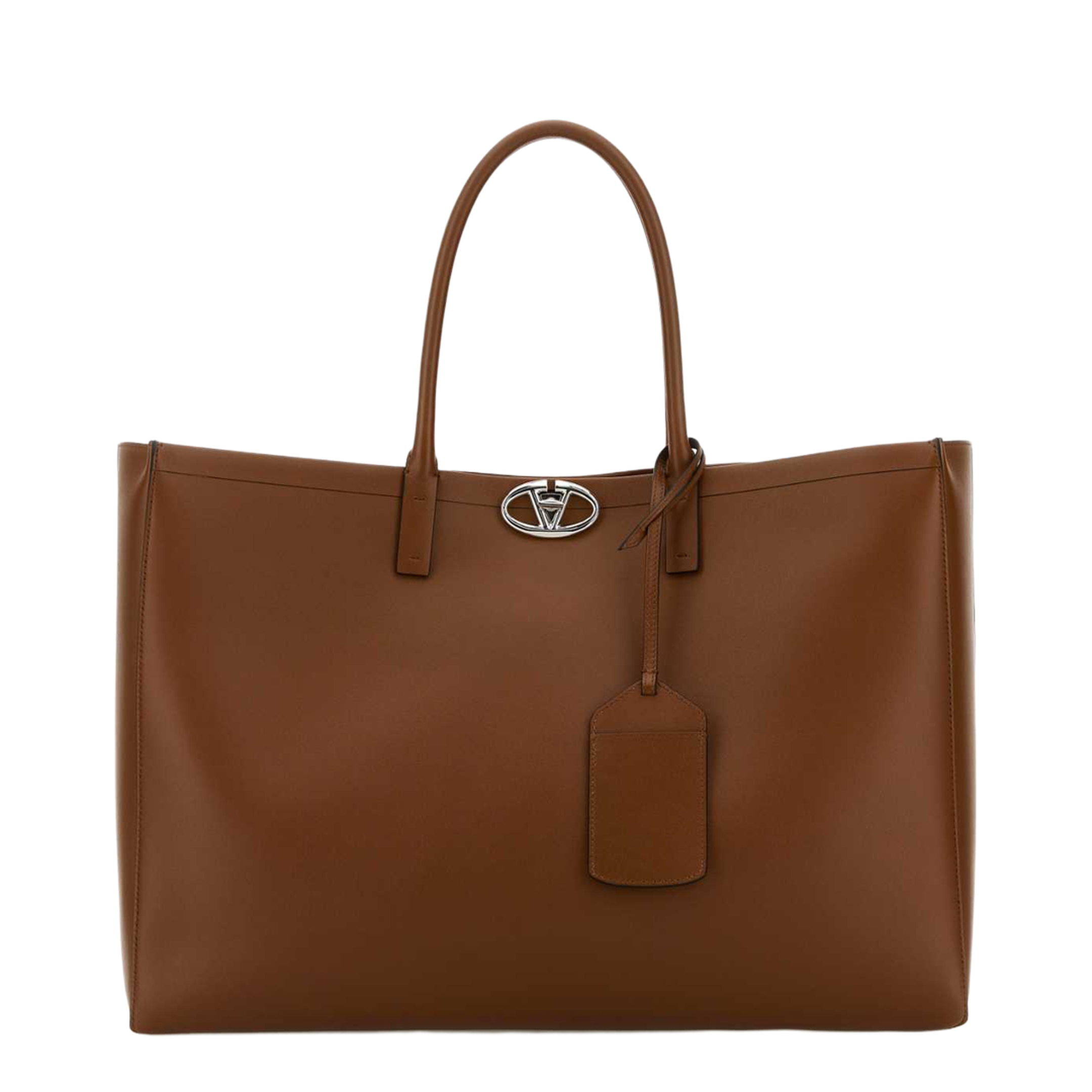 Brown Leather VLogo Shopping Bag - Image 1