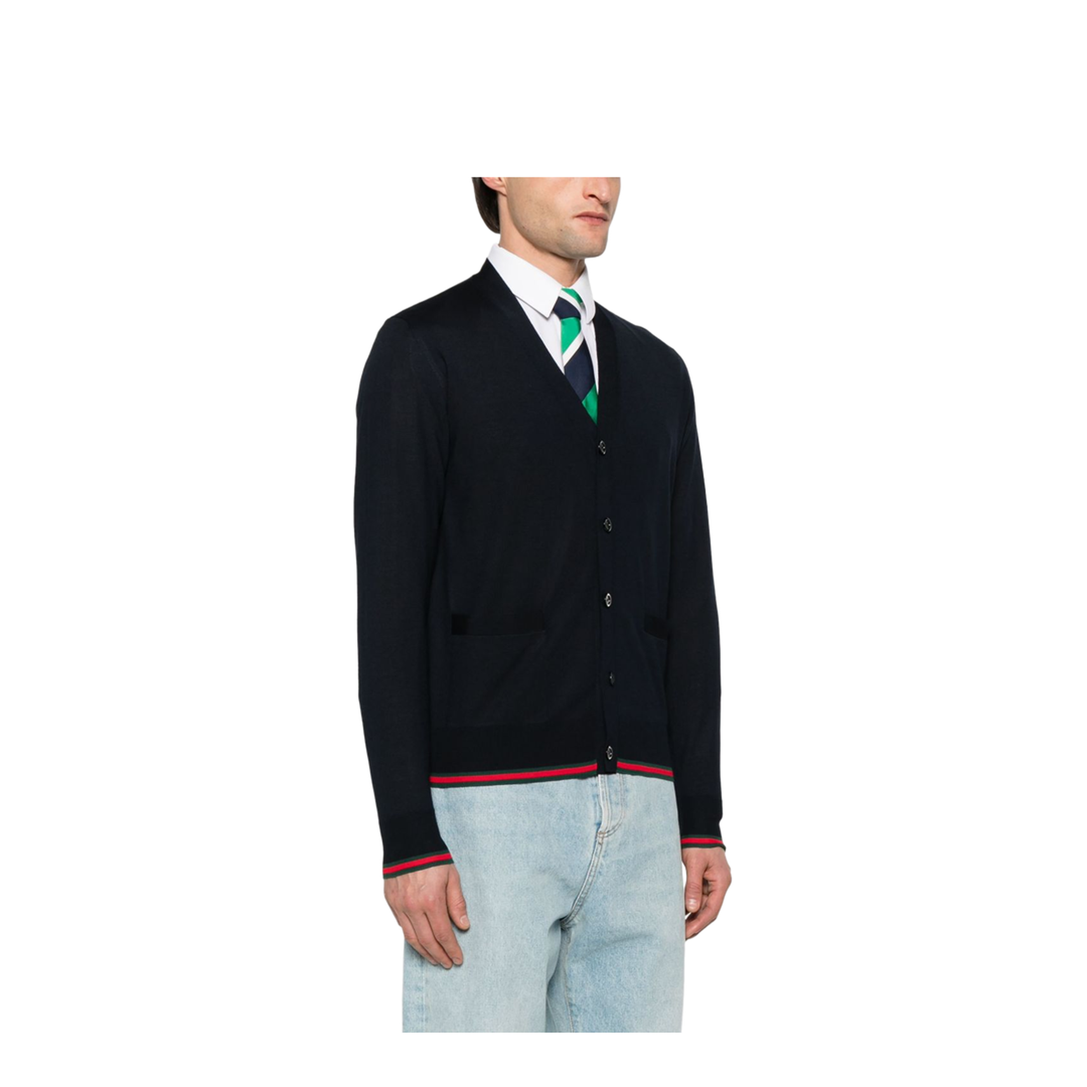 Wool Knit Cardigan with Web in Dark Blue - Image 3