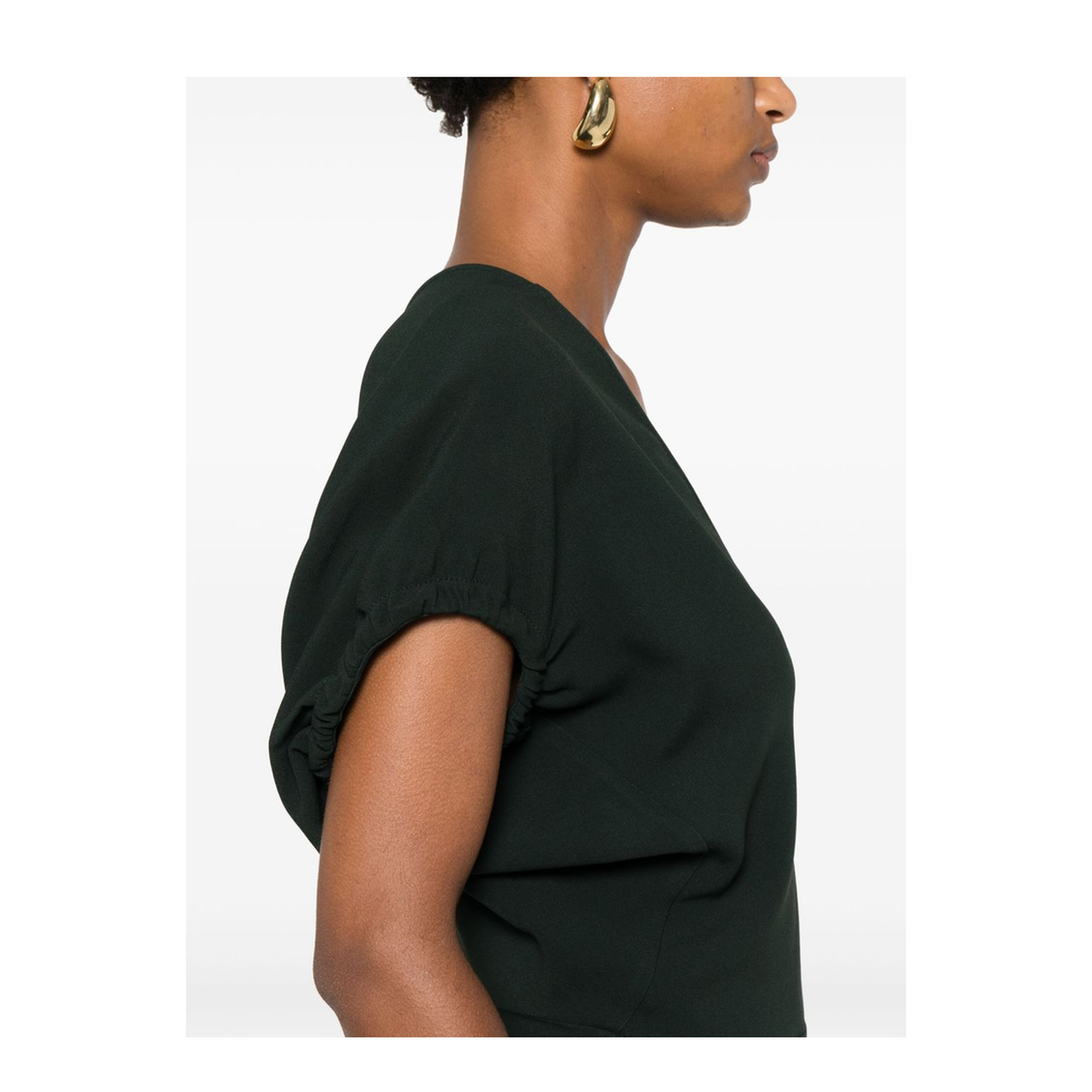 V-Neck Blouson Midi Dress in Black - Image 3
