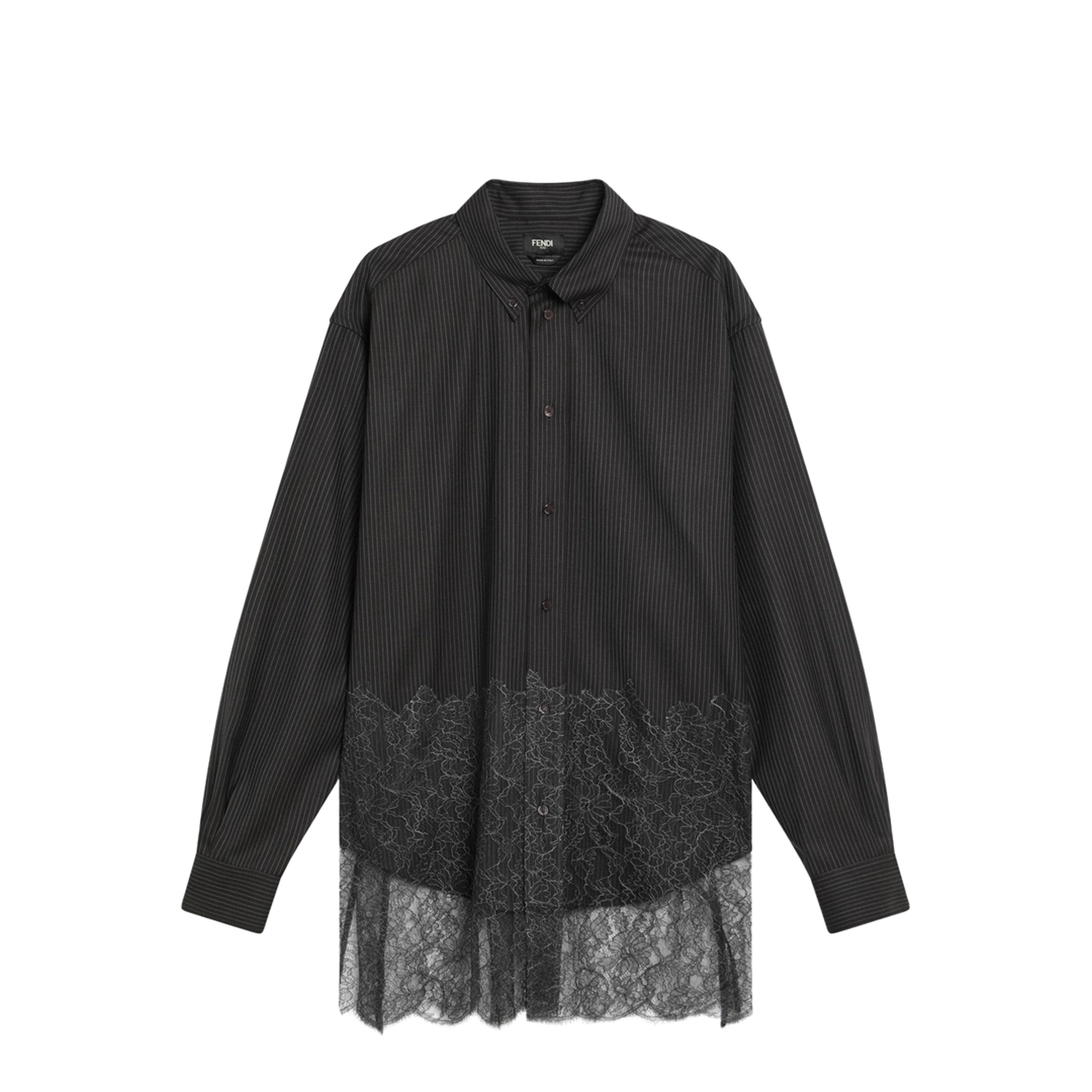 Espresso Pinstriped Wool Shirt with Lace - Image 1