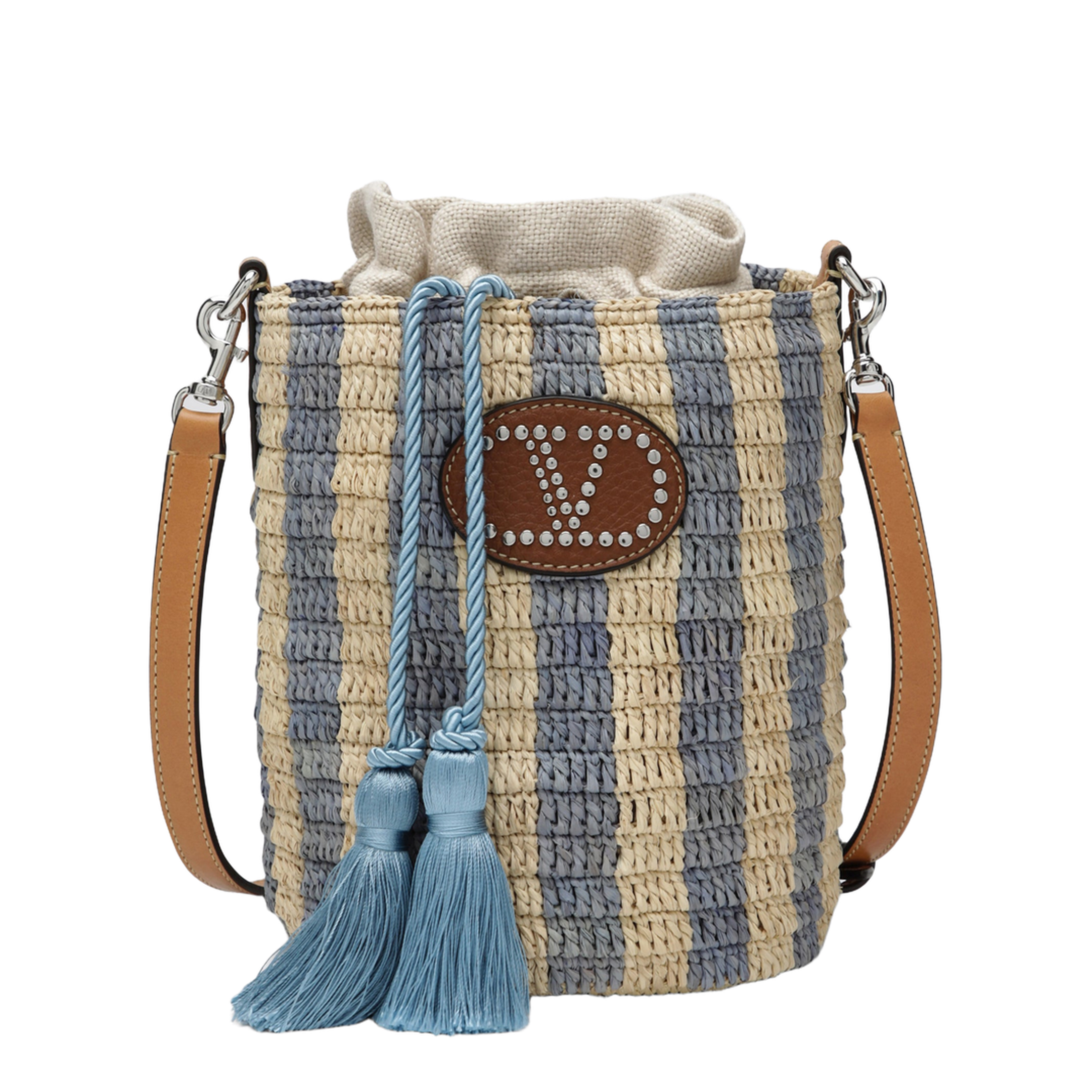 VLogo Signature Small Raffia Bucket Bag - Natural/Black - Image 1