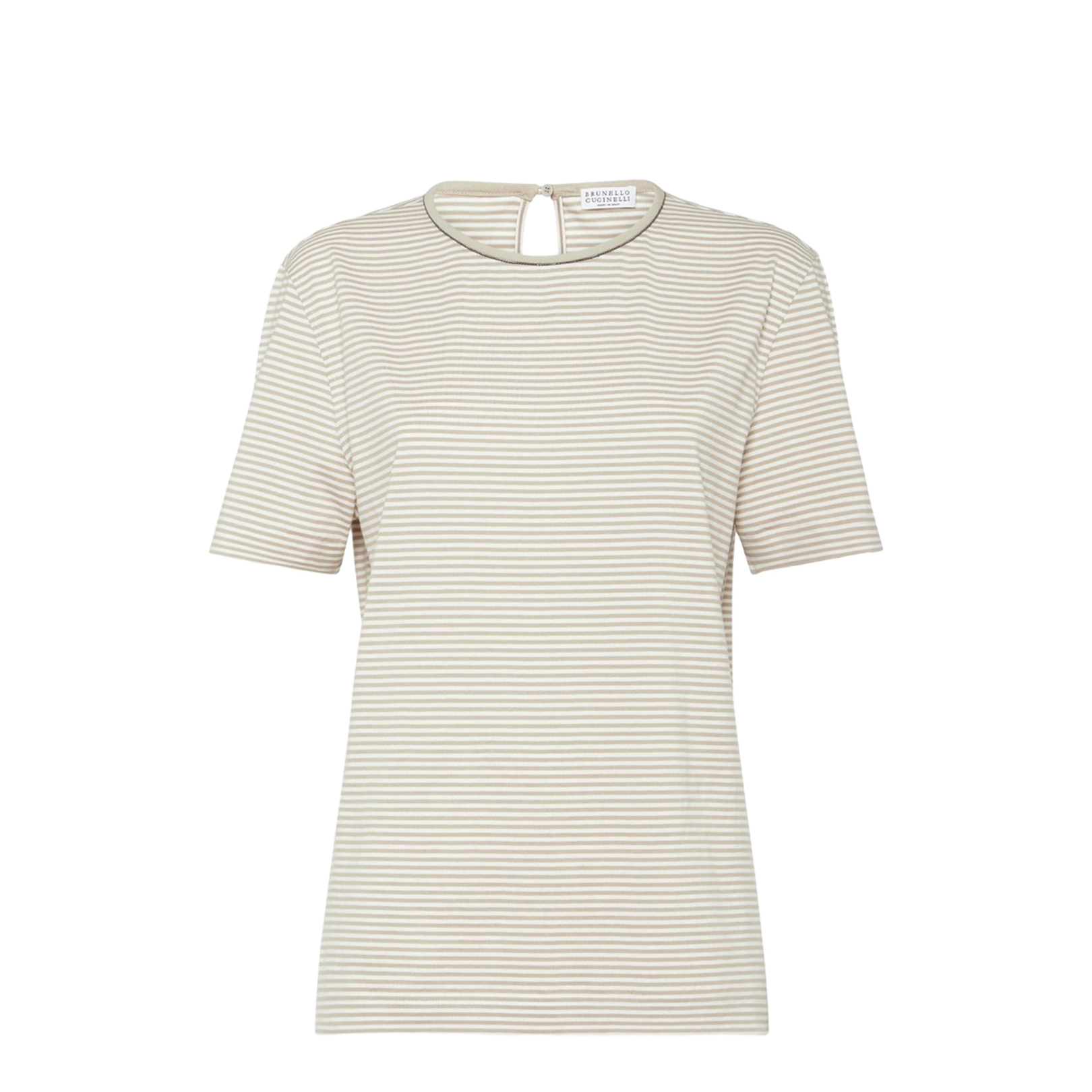 Striped Cotton Jersey T-Shirt with Shiny Neck Detail - Image 1