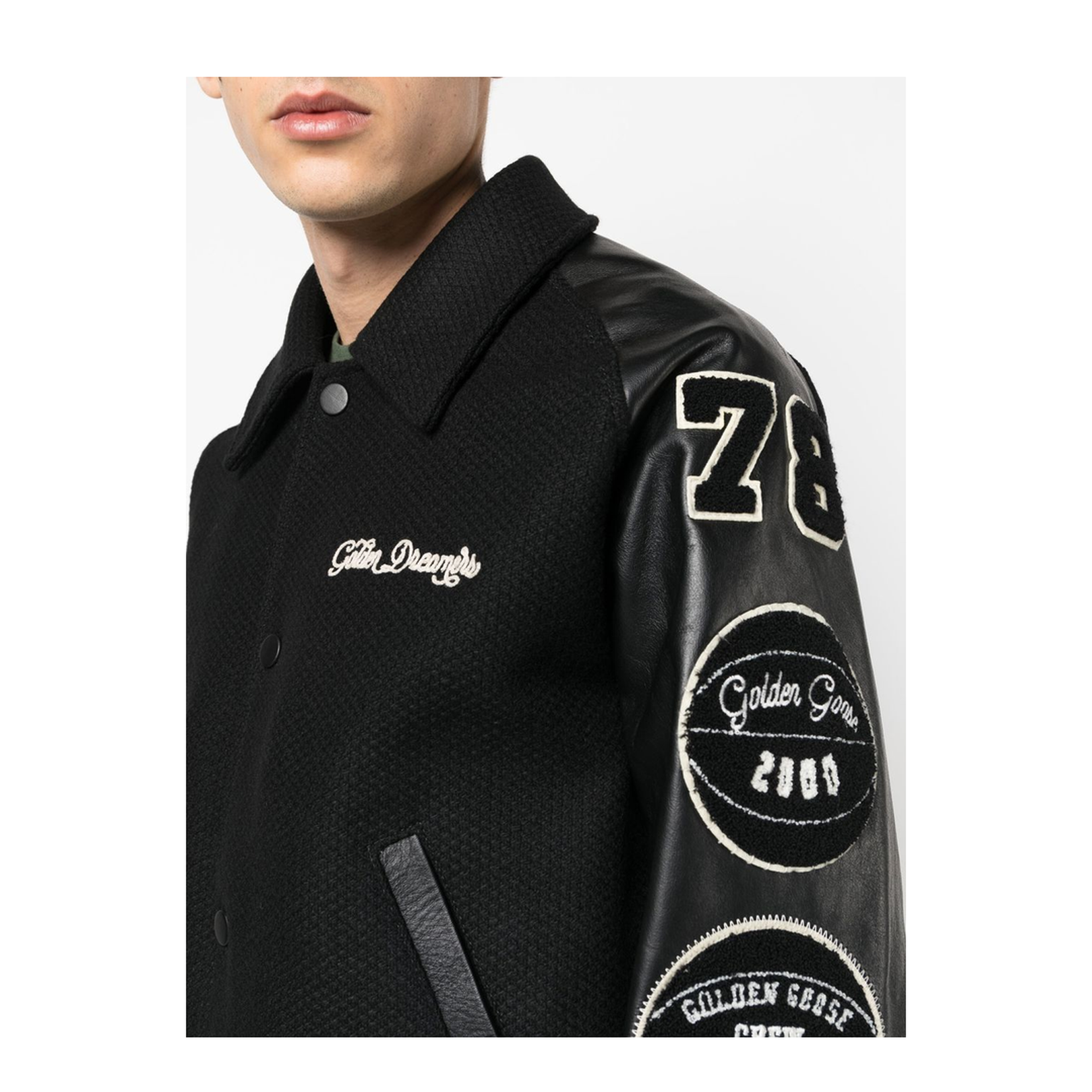 Black Wool Bomber Jacket with Patch - Image 2