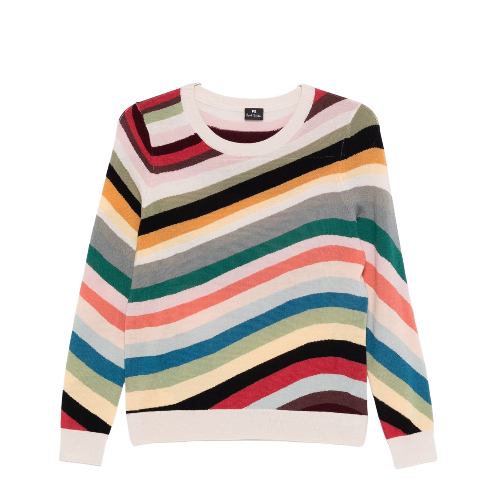 Yellow Multicolour Wave Stripe Pattern Long Sleeves Crew Neck Merino Wool Straight Hem - Image 1