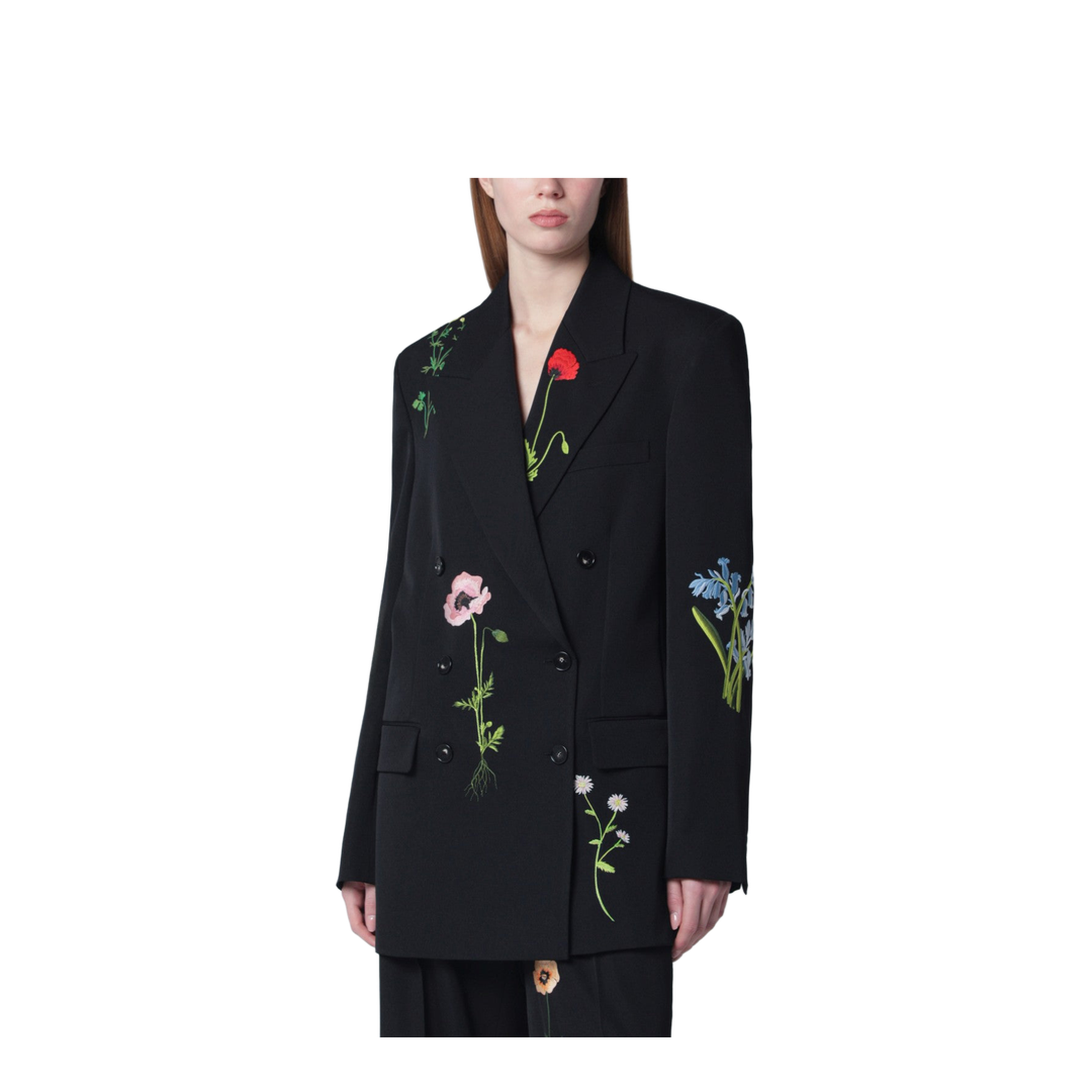 Black Double-Breasted Jacket with Floral Embroidery - Image 1
