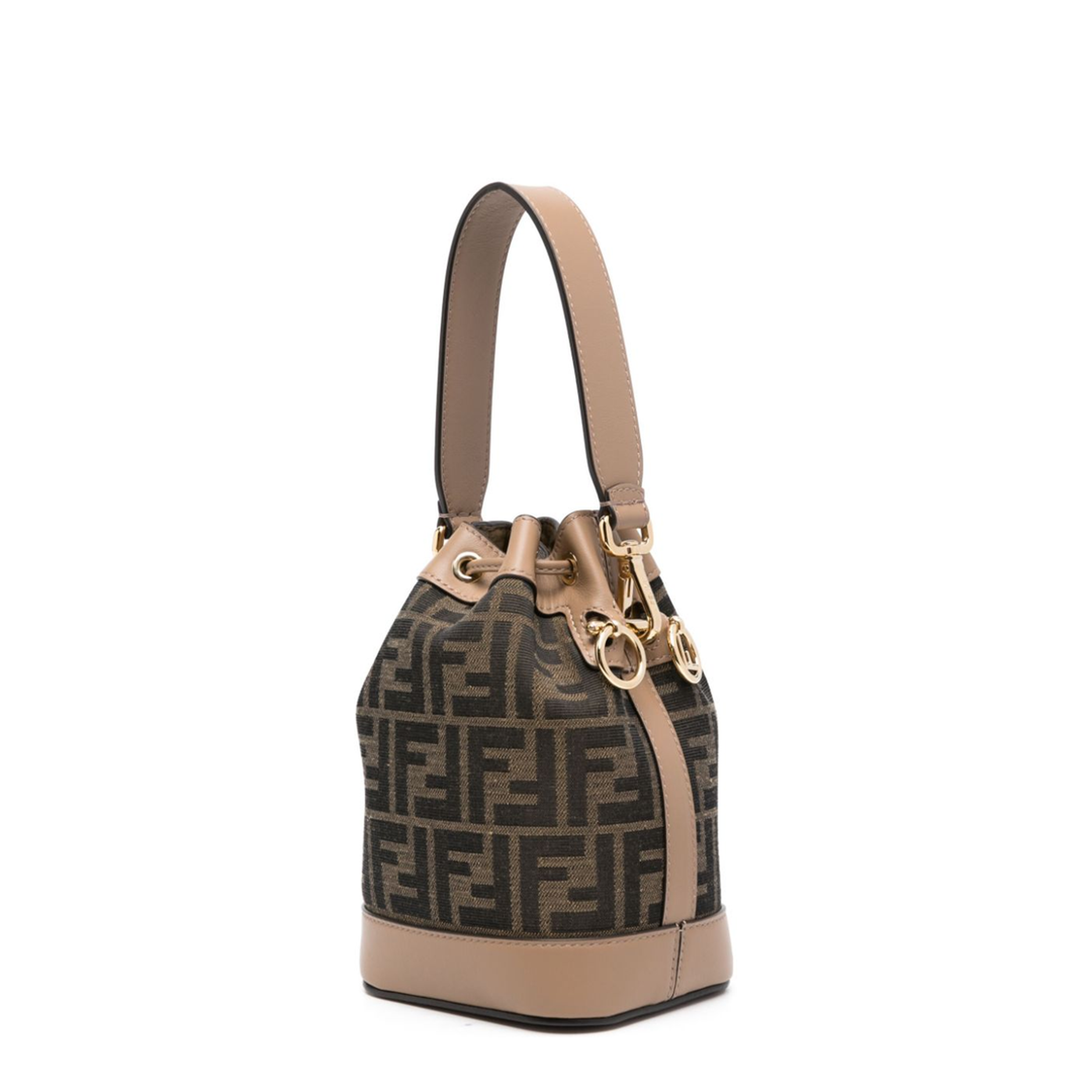 Brown Beige Canvas Leather Trim Drawstring Bag - Image 2