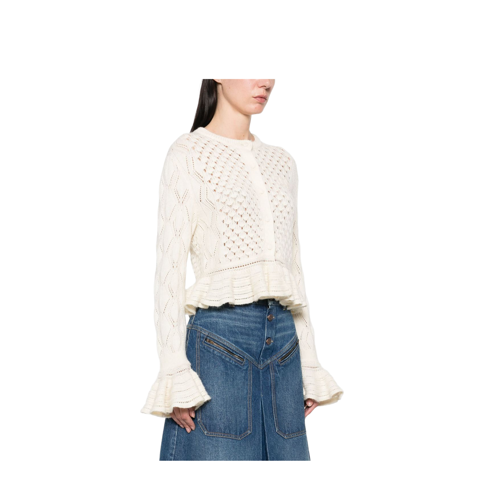 Ruffled Logo Cardigan in Silk, Alpaca & Cotton Knit - Image 4