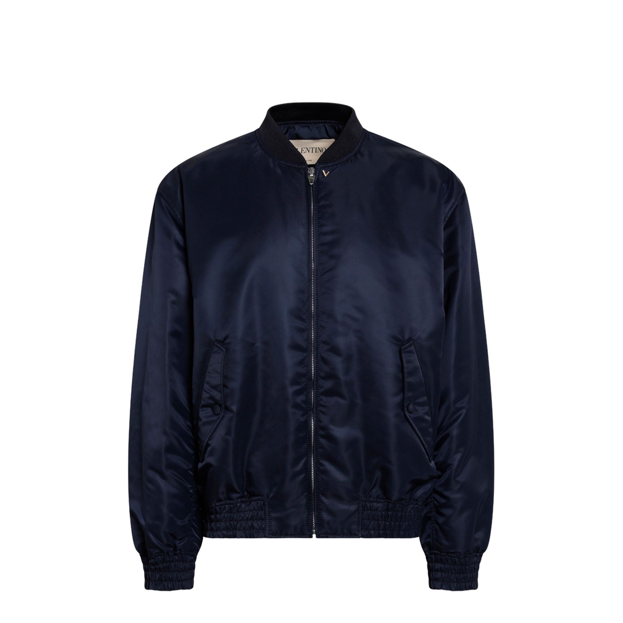 Shiny Navy Blue Zip-Up Bomber Jacket - Image 1