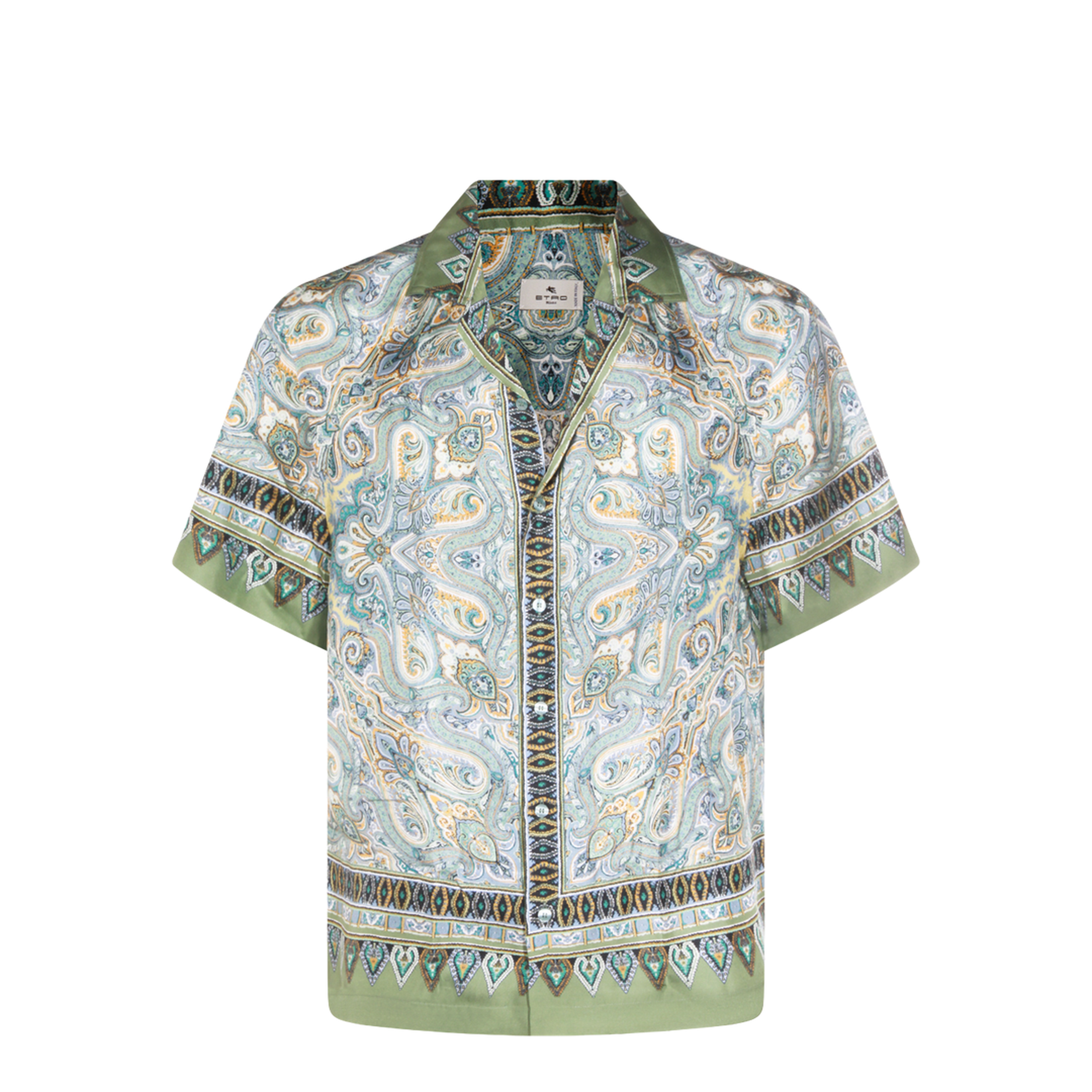 Placed Pocket-Square Silk Bowling Shirt Green - Image 1