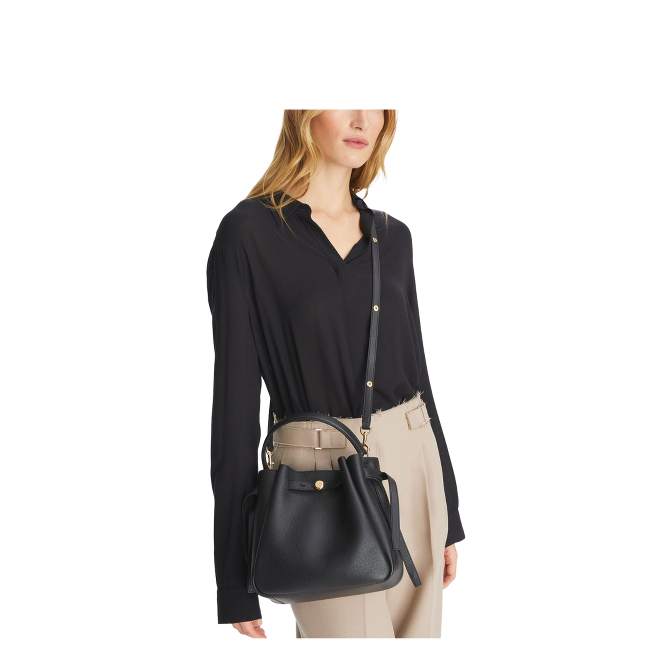 Romy Pebbled Leather Bucket Bag - Black - Image 6