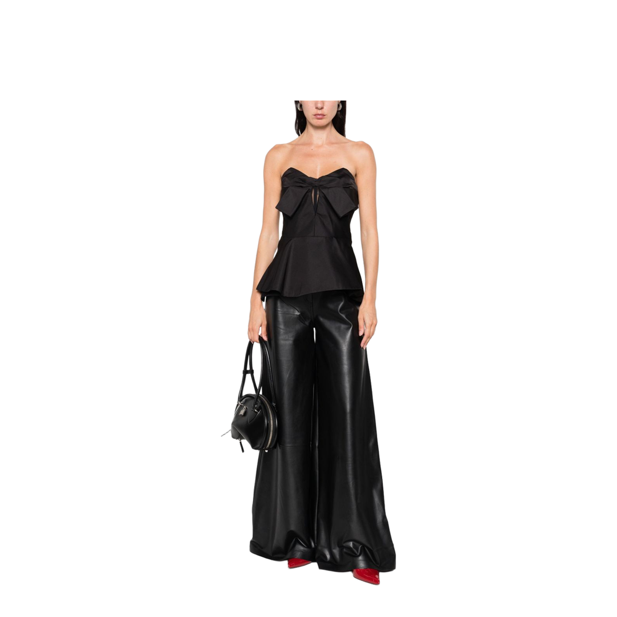 Black Peplum Hem Off-Shoulder Bow Detail Sleeveless Top - Image 2