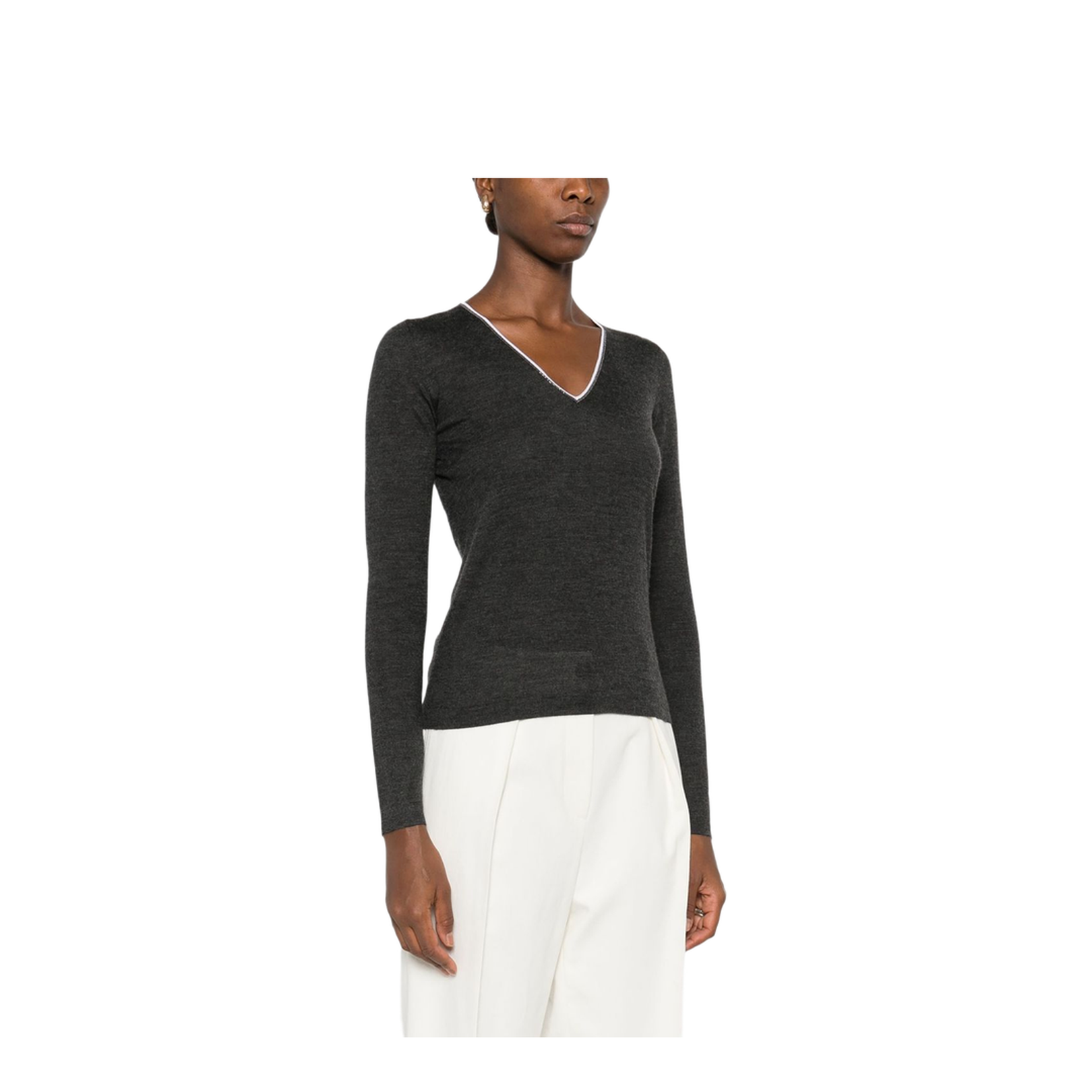 Grey V-Neck Long Sleeve Sweater - Image 5