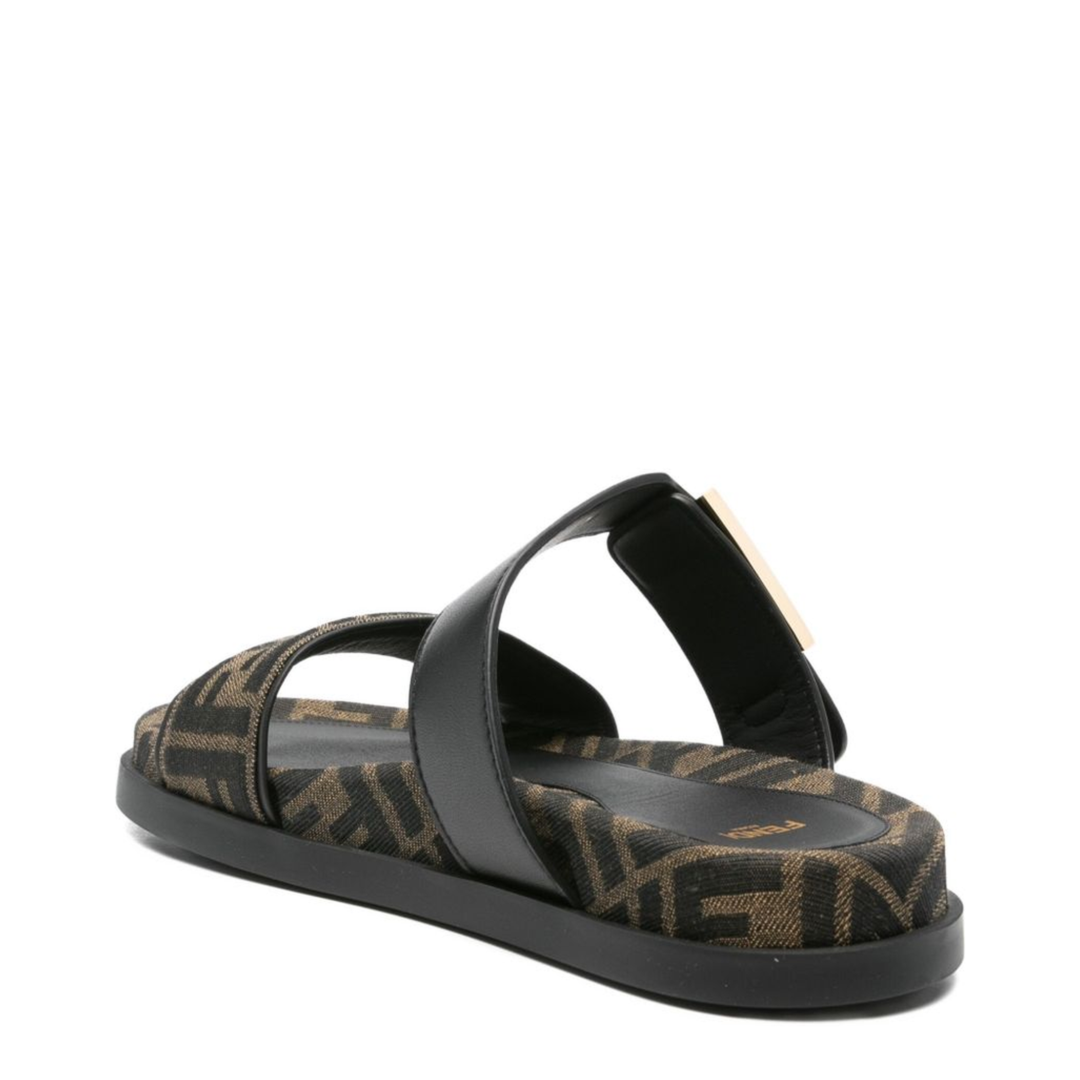 Black FF-Logo Pattern Double Strap Design Buckle Detail Flat Sole Leather Trim - Image 2