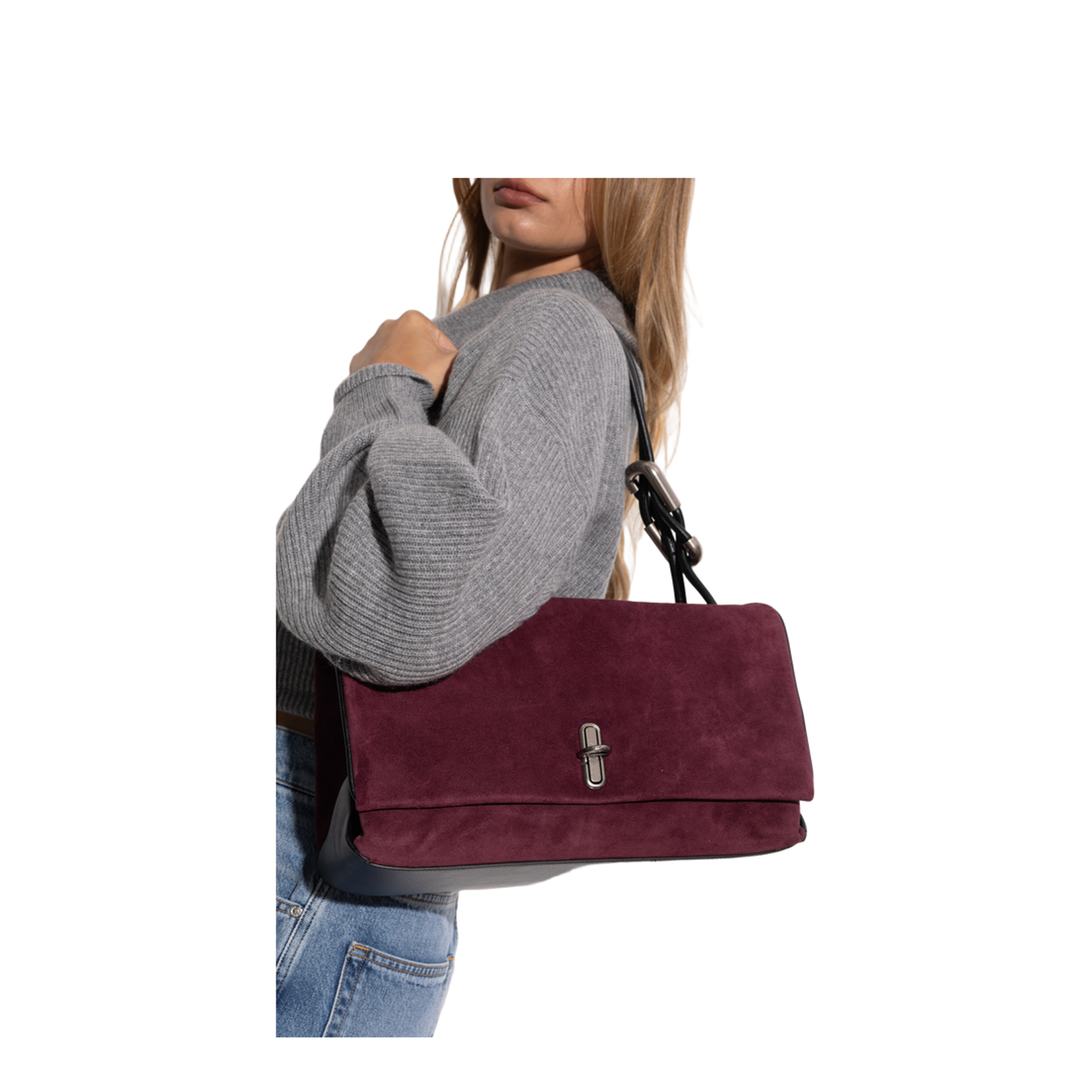 The Suede Large Dual Shoulder Bag Dark Plum - Image 2