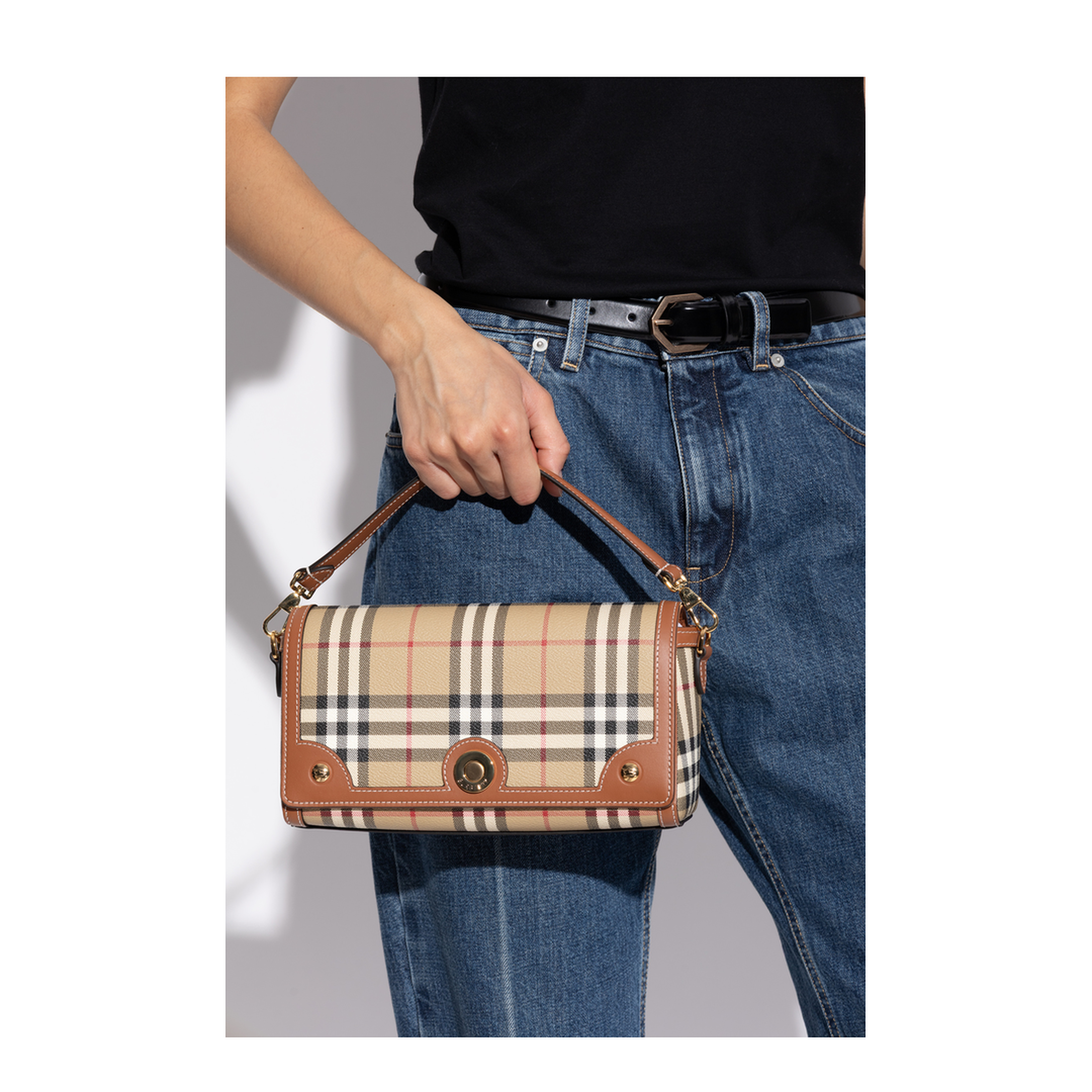 Top Handle Note Bag Small Coated Canvas Bag - Archive Beige/Briar Brown - Image 2