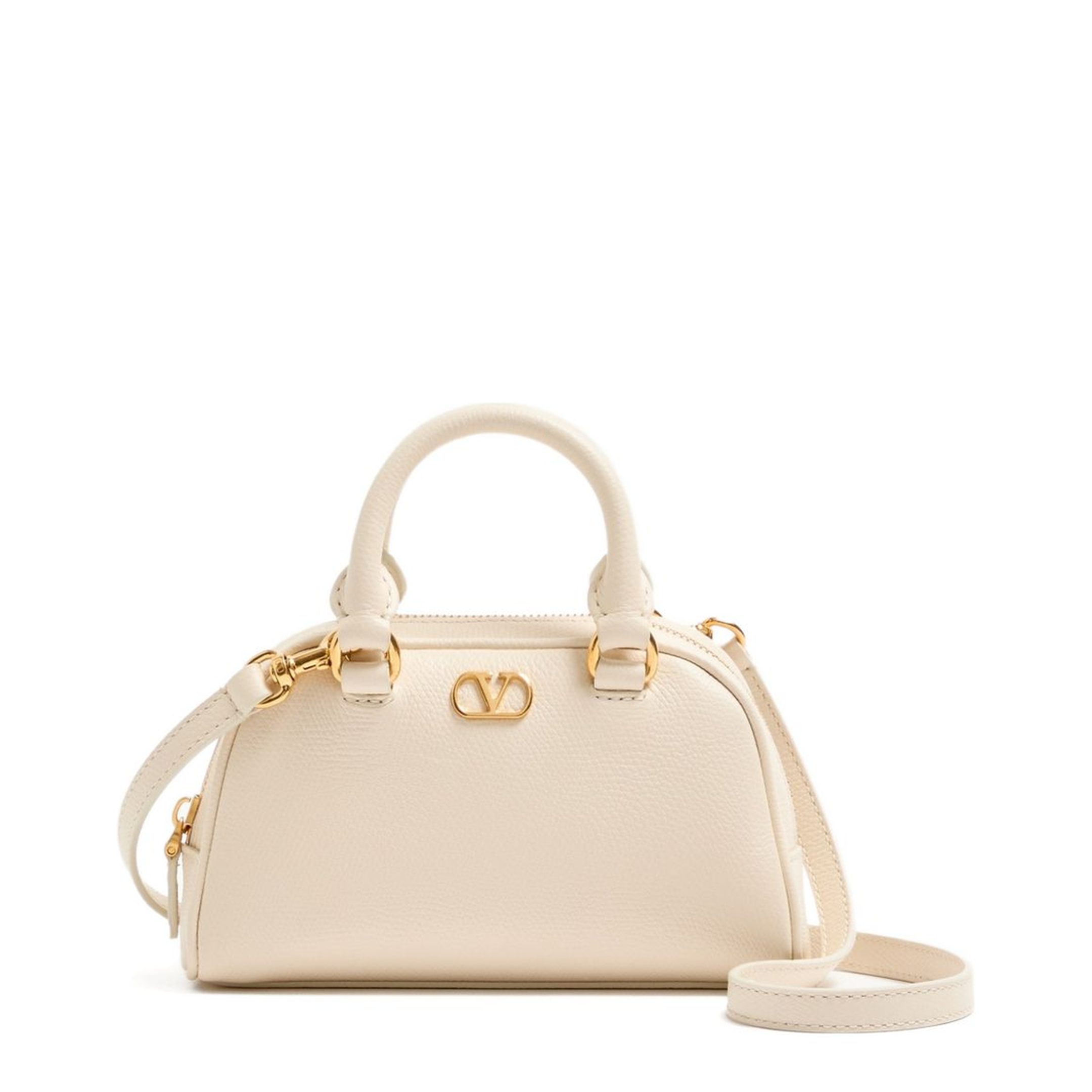 VLogo Signature Mini Grainy Calfskin Bowling Bag - Light Ivory - Image 1