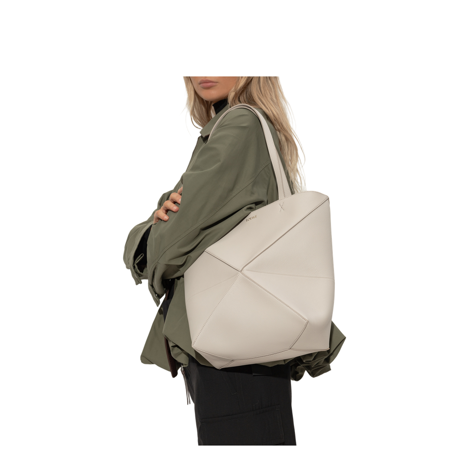 Puzzle Fold Medium Leather Tote Bags - Light Grey - Image 2