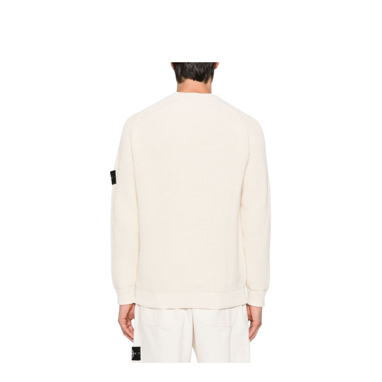 Beige Ribbed Knit Crew Neck Long Sleeves Compass Badge Cotton - Image 3