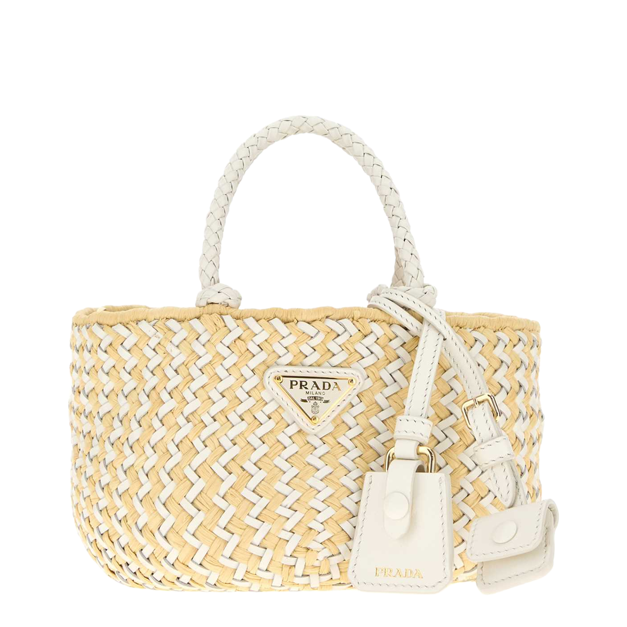 Two-tone Leather and Raffia Handbag - Bianco + Naturale - Image 1