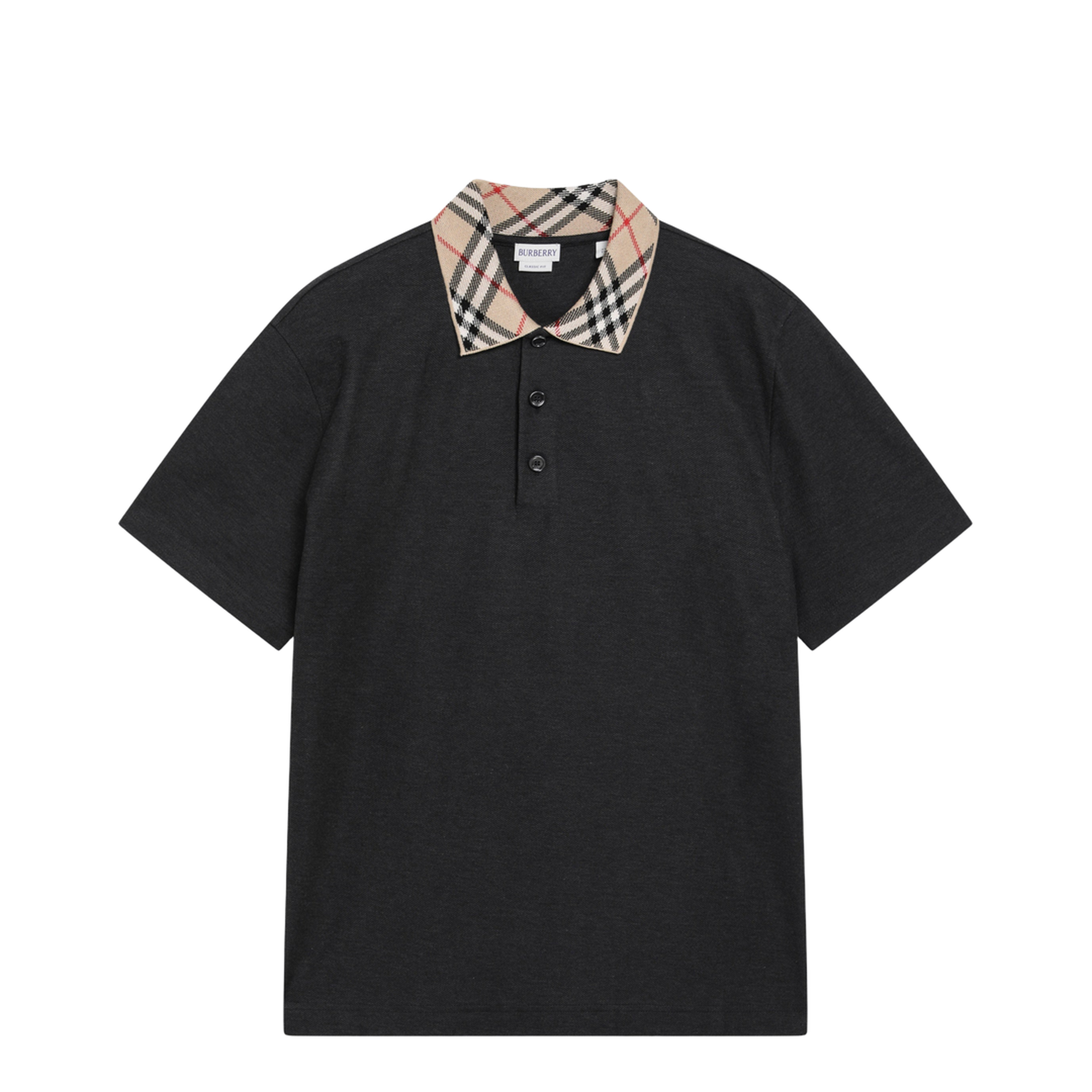 Dark Grey Polo Shirt with Check Collar - Image 1