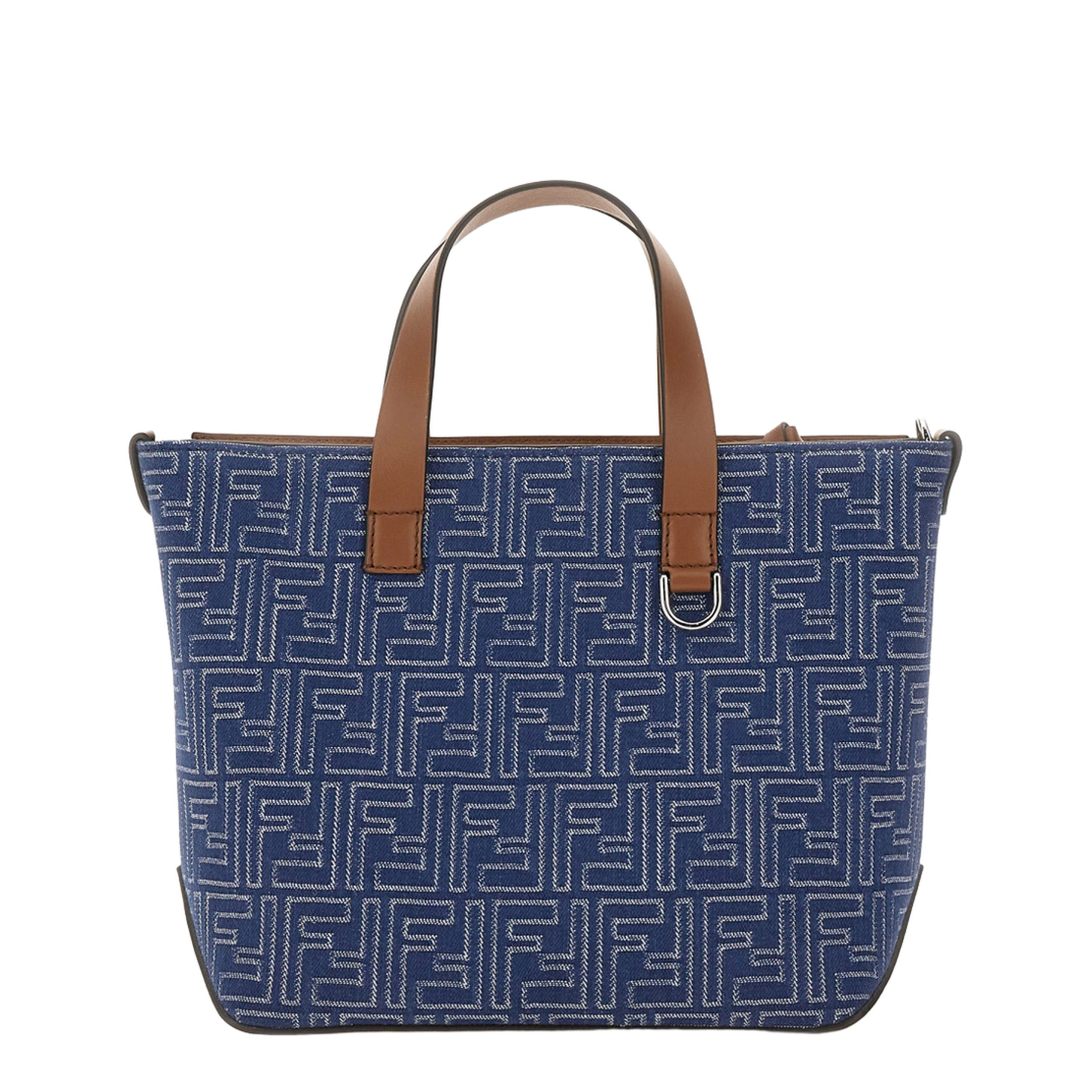 Medium FF Jacquard Fabric/Leather Shopping Bag - Navy - Image 3