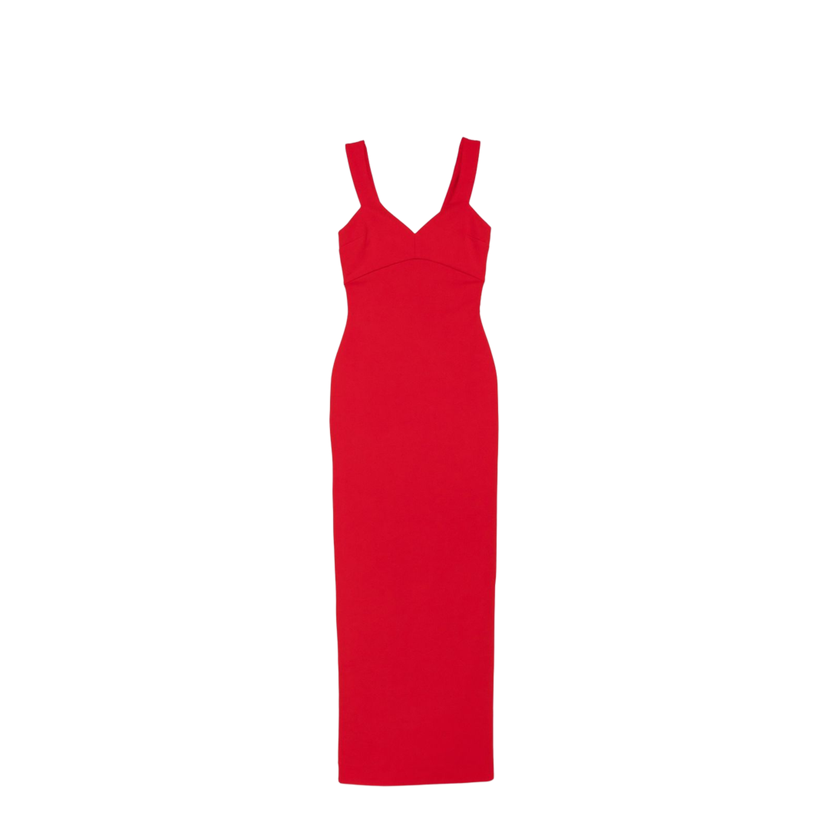 Red Sleeveless Design V-Neckline Fitted Bodice Maxi Length Straight Skirt - Image 1