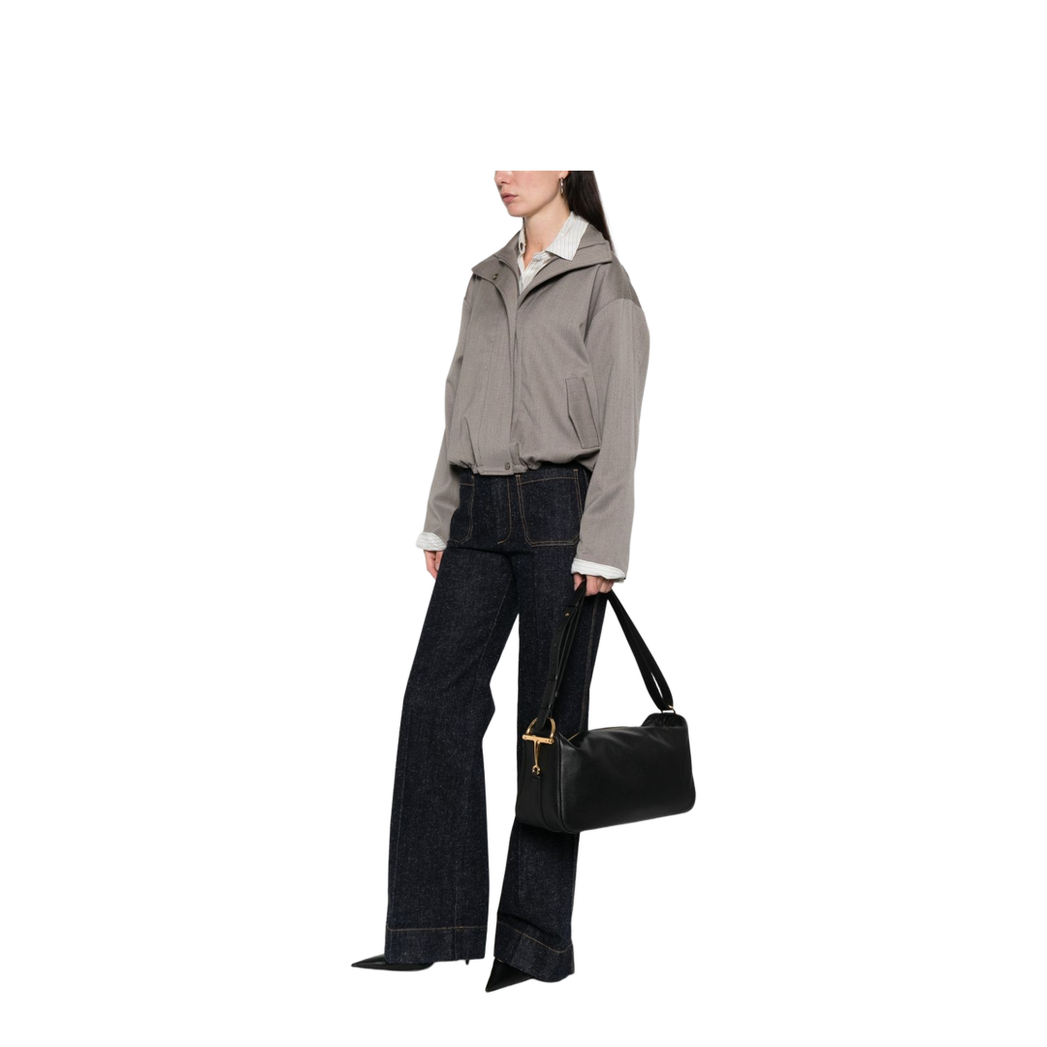 Half Horsebit Large Grained Calf Leather Shoulder Bag - Black - Image 4