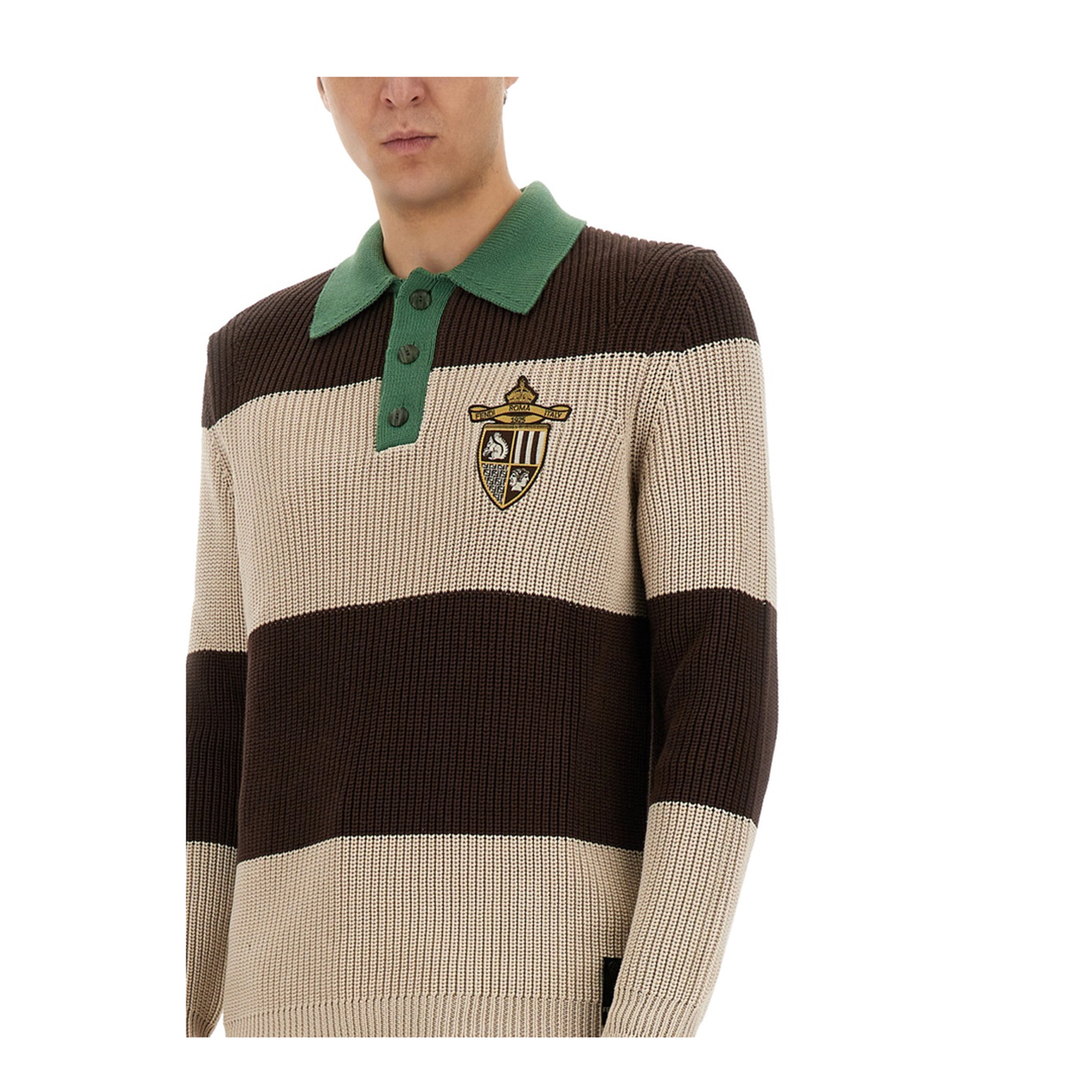Knitted Cotton Polo Shirt with Brown and Beige Stripes - Image 4