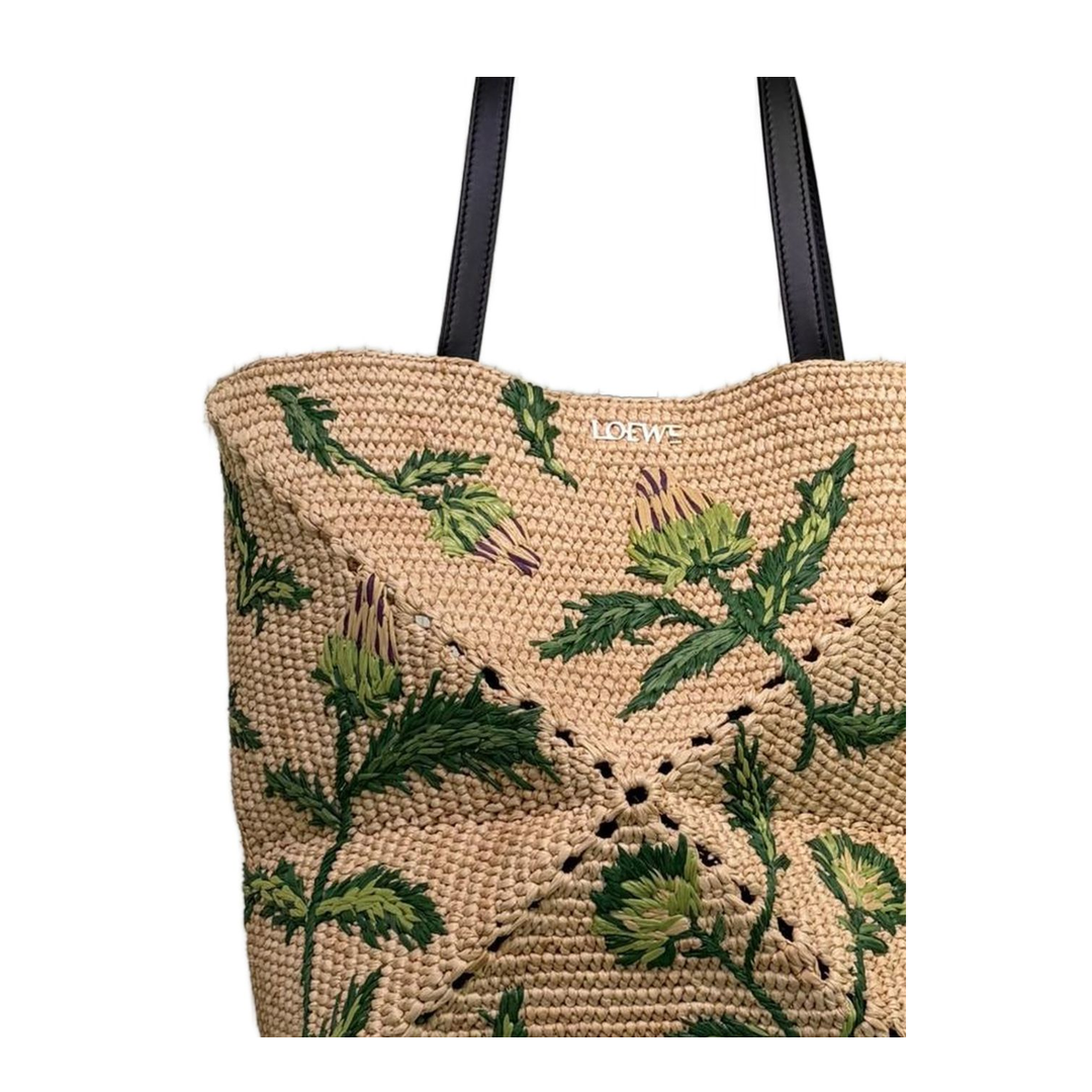 Puzzle Medium Raffia Tote - Natural/Green - Image 2