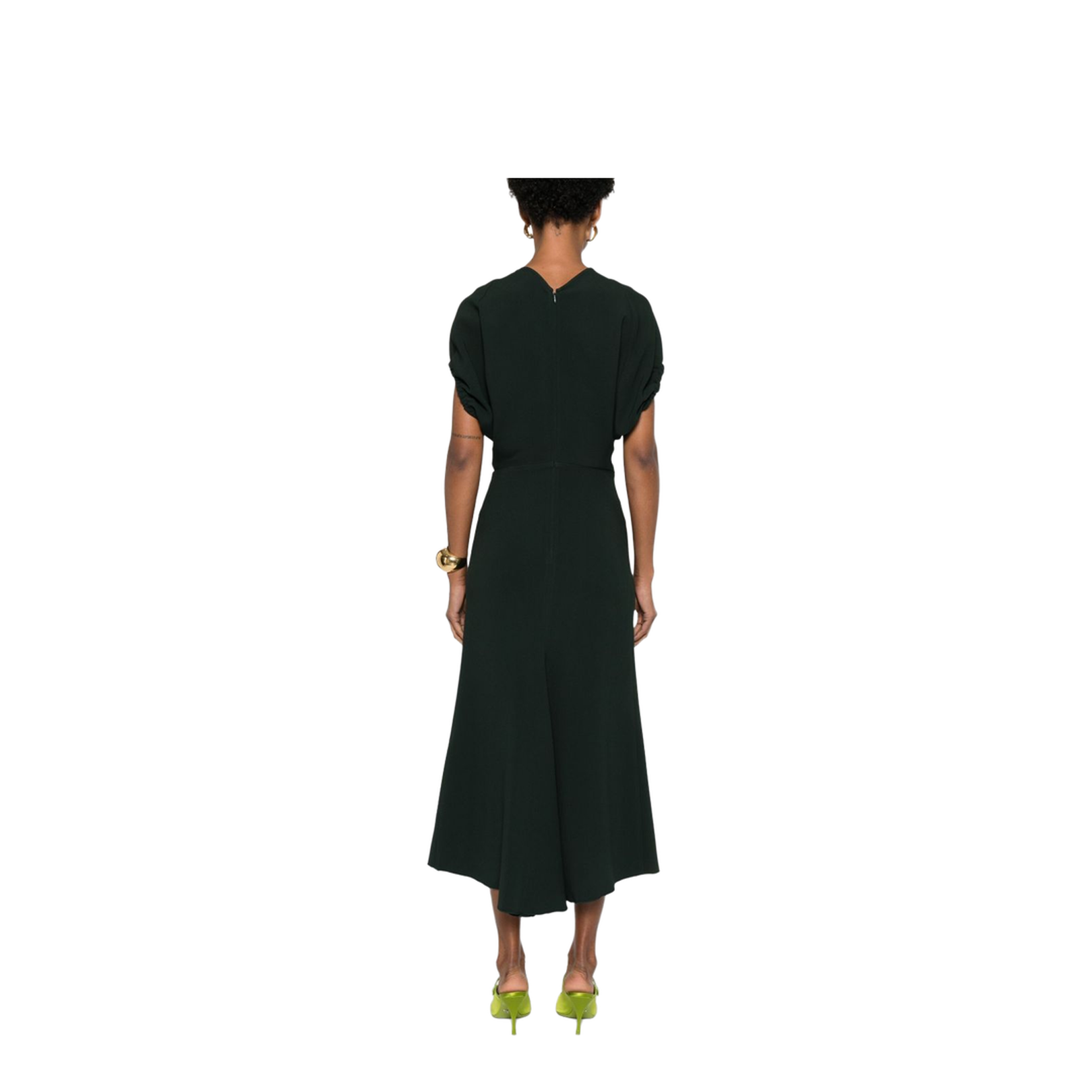 V-Neck Blouson Midi Dress in Black - Image 2