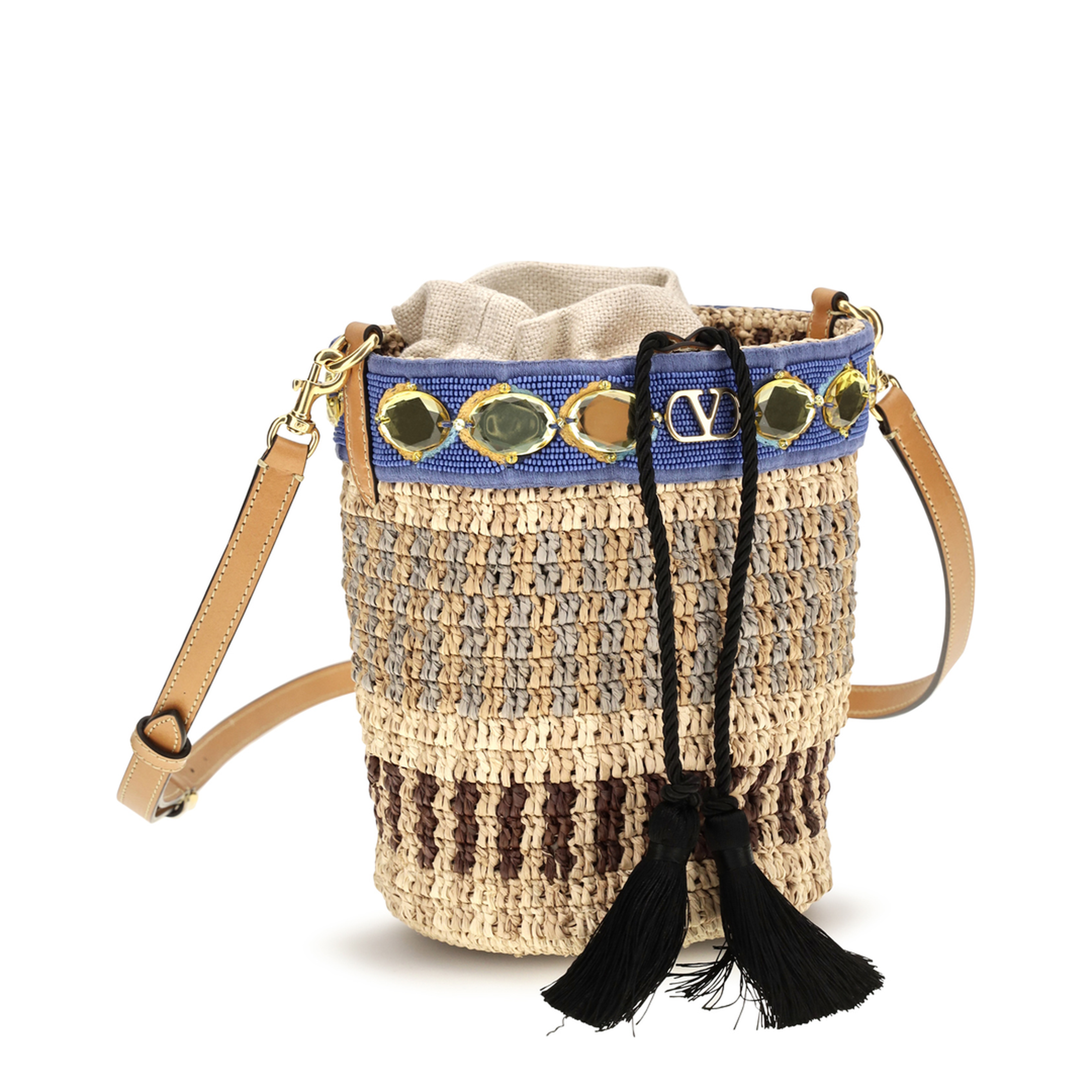 VLogo Braided Straw and Leather Bucket Bag - Natural/Blue - Image 2