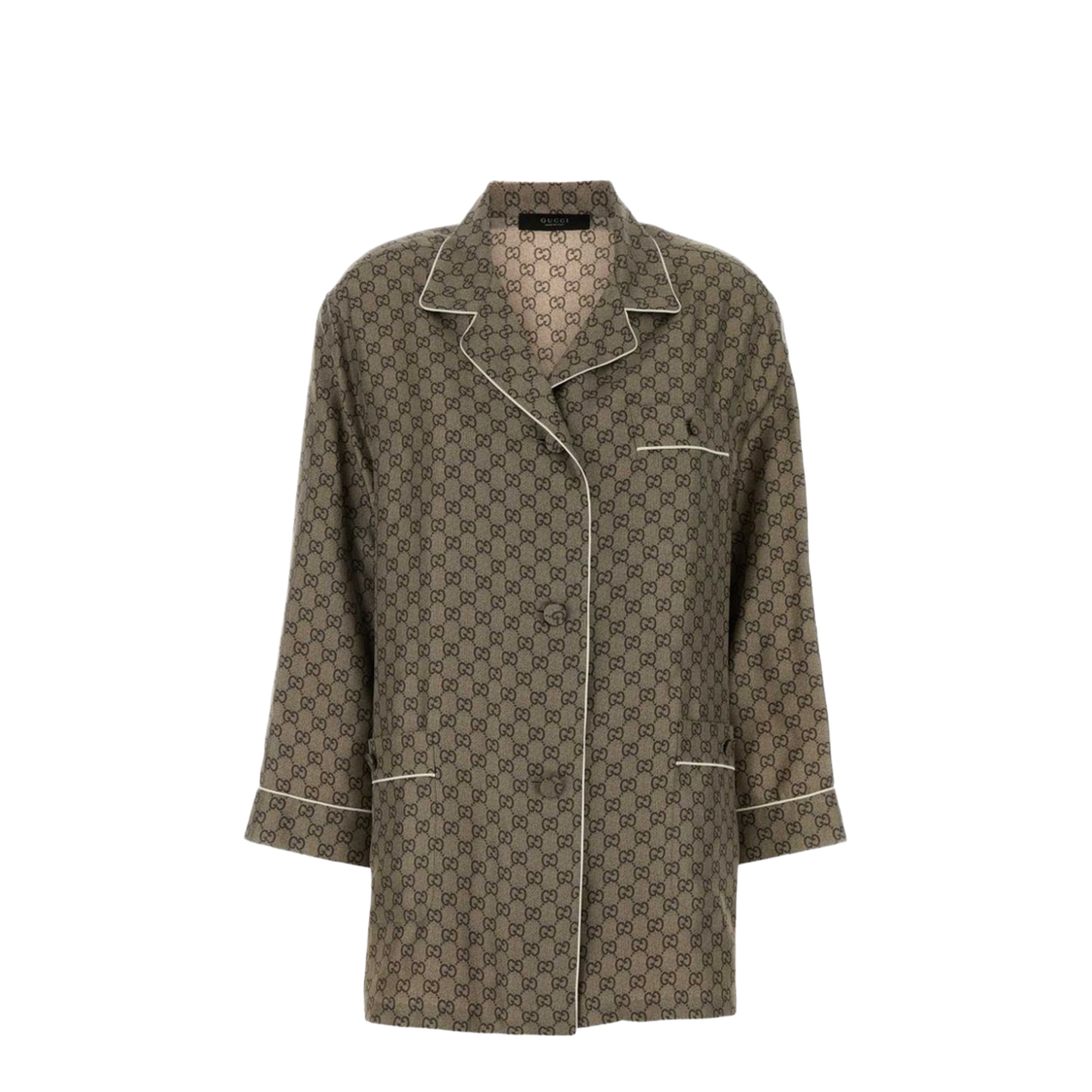 Printed Silk Twill Shirt in Beige and Dark Brown - Image 1
