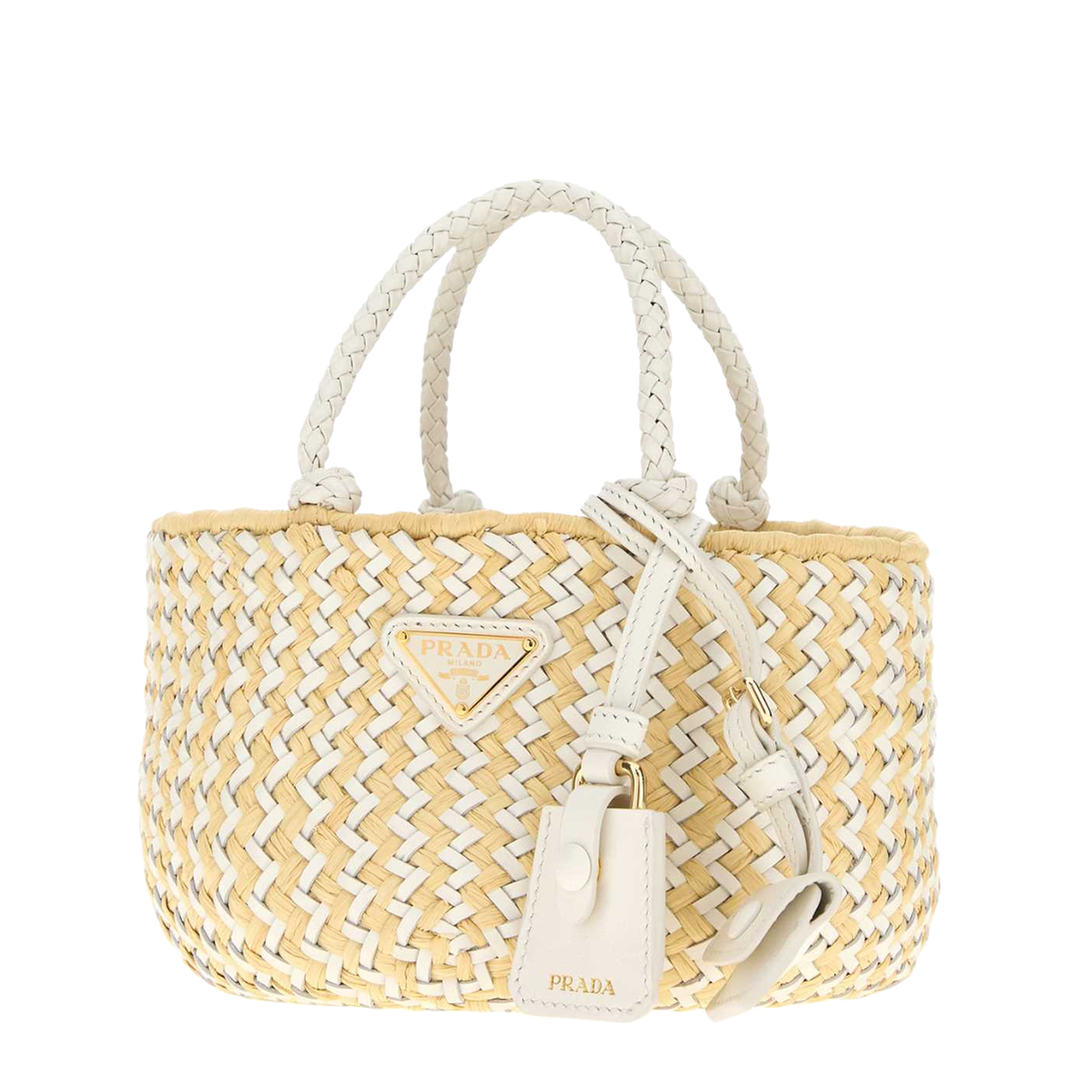 Two-tone Leather and Raffia Handbag - Bianco + Naturale - Image 3
