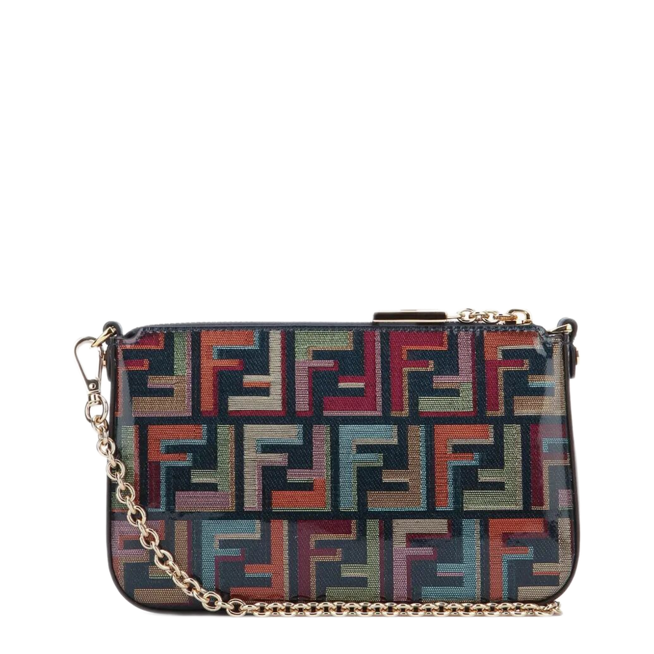 Multicolour Glazed Fabric Baguette Pouch with Chain - Image 3