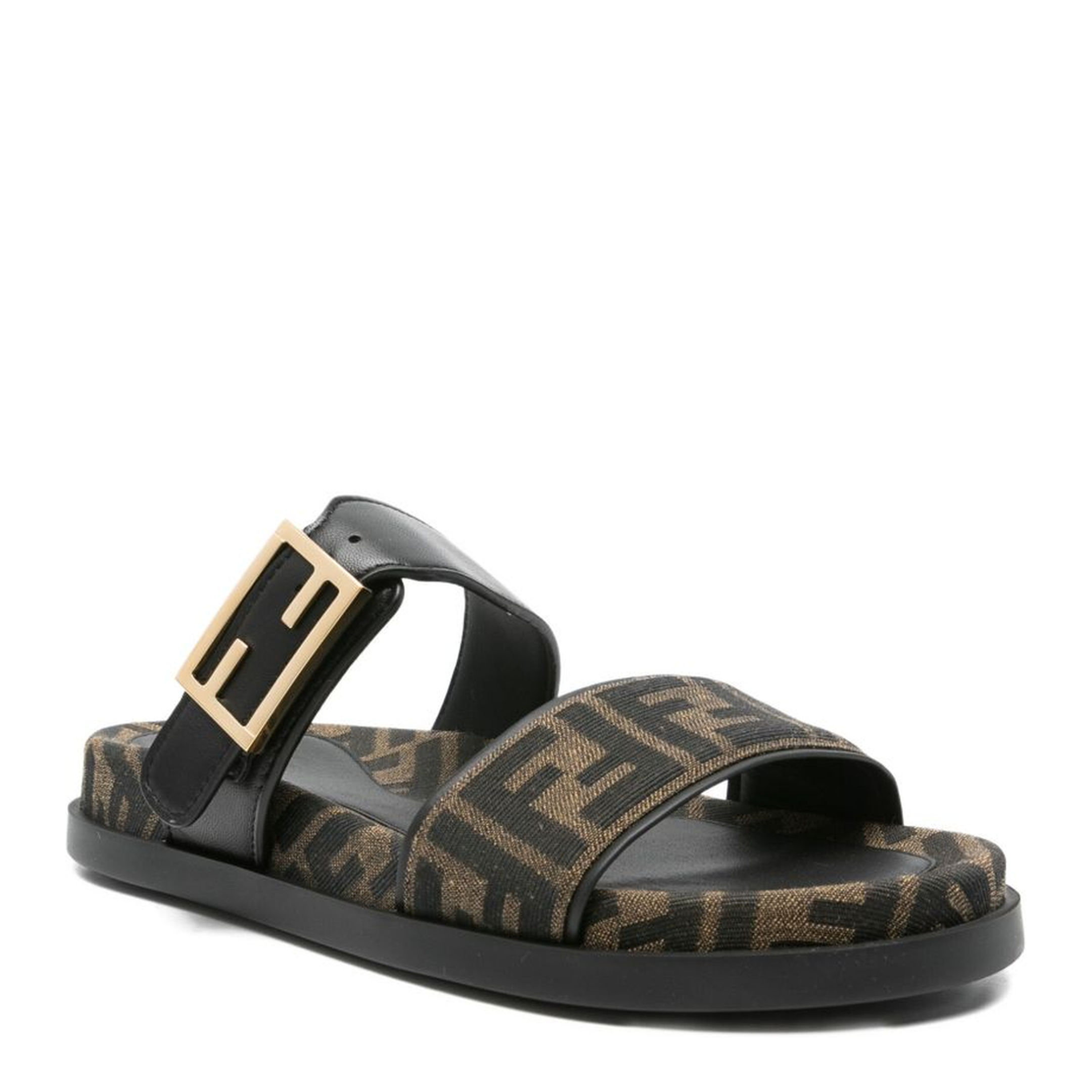 Black FF-Logo Pattern Double Strap Design Buckle Detail Flat Sole Leather Trim - Image 3