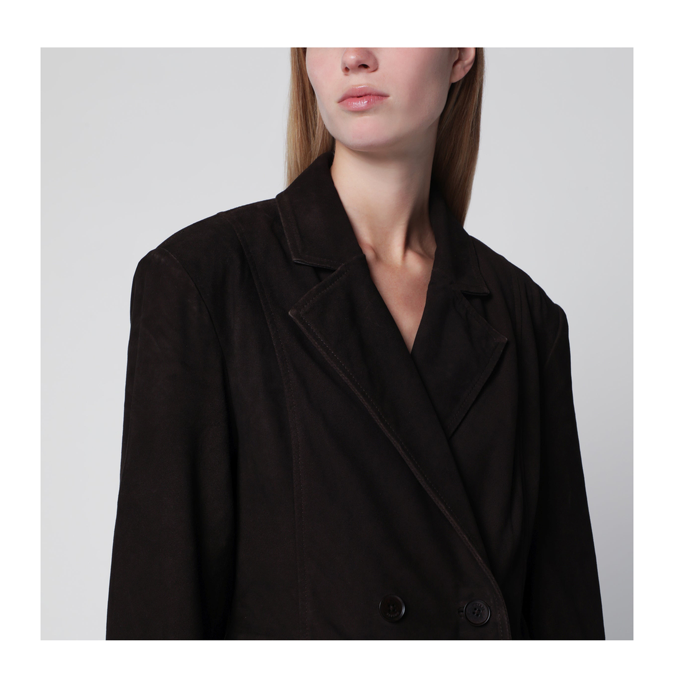 Dark Brown Double-Breasted Suede Coat - Image 2