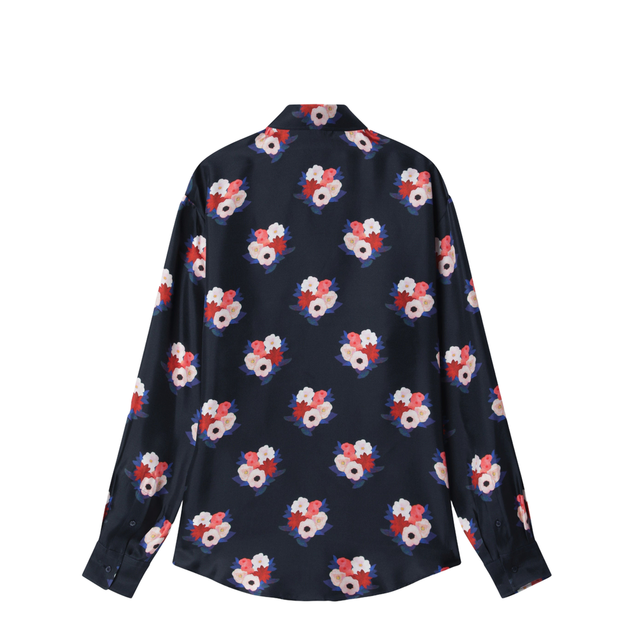 Dark Blue Satin Shirt with Floral Print - Image 2
