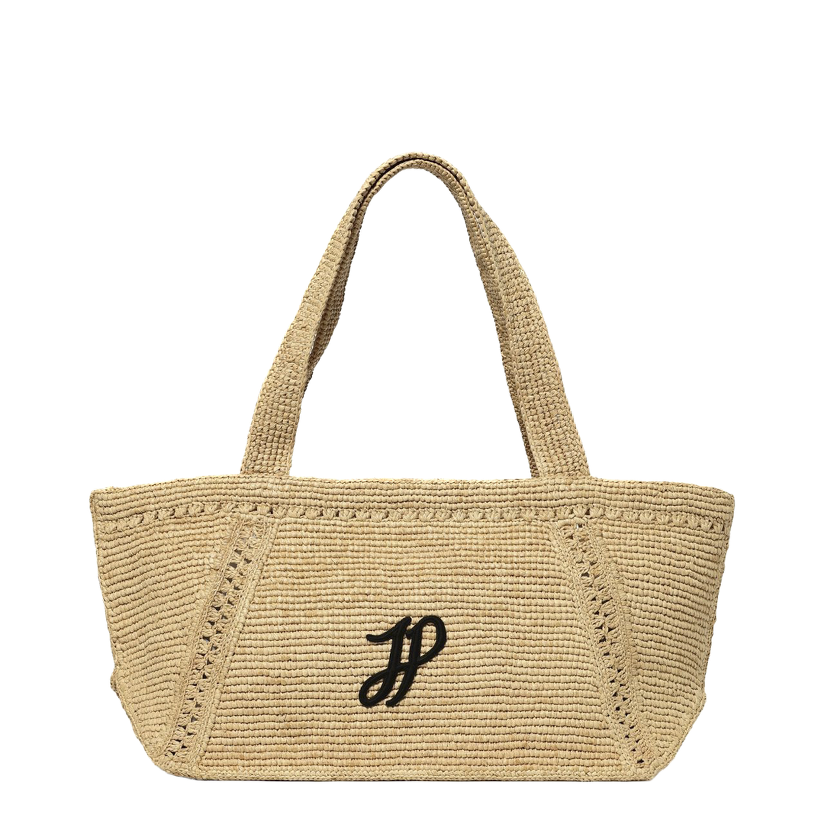 Large JP Monogram Trapeze Tote Bag in Raffia - Vanilla - Image 1