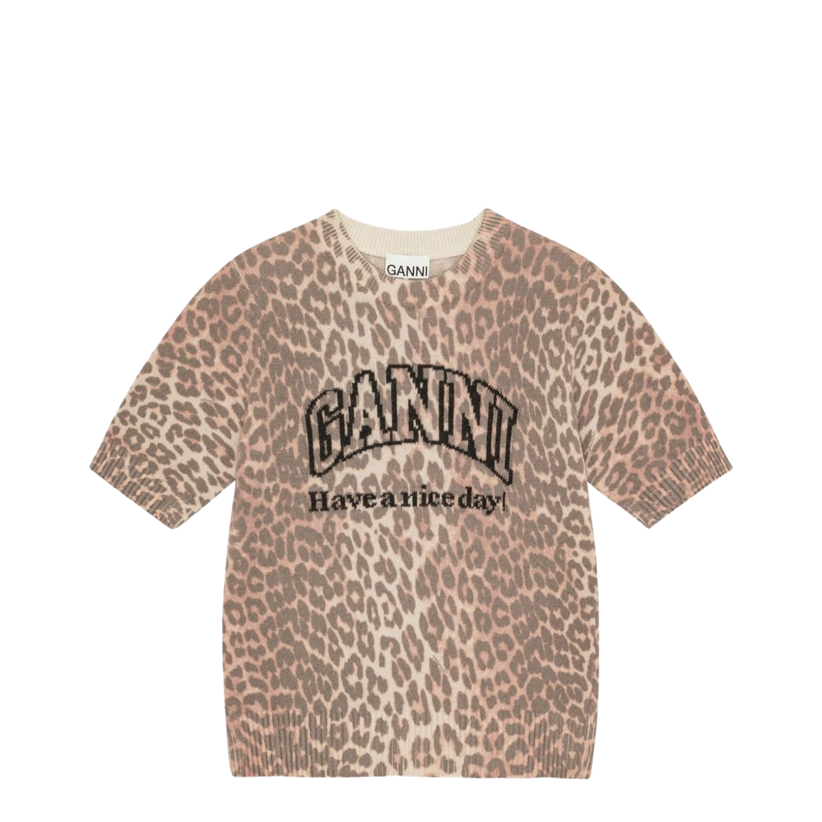 Beige Crew Neck Short Sleeves Leopard Print Ribbed Trim - Image 1