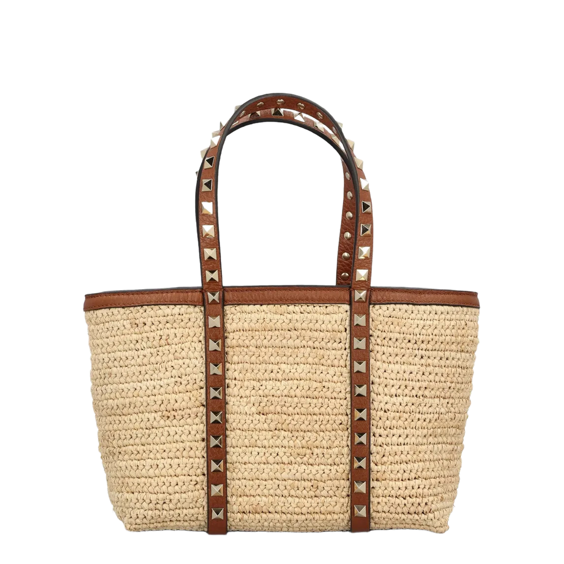 Rockstud Mini Raffia Shopping Bag - Natural/Saddle Brown - Image 2