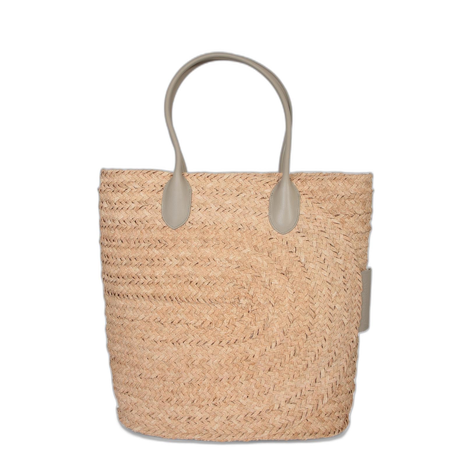 Medium Raffia and Leather Tote - Beige - Image 1