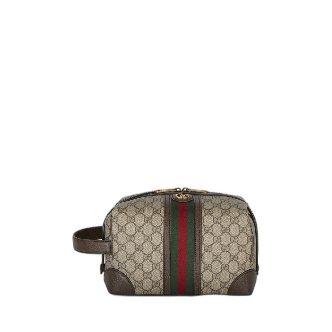 Ophidia Canvas Toiletry Case - GG Supreme beige/ebony with brown leather trim and green/red Web - Image 1
