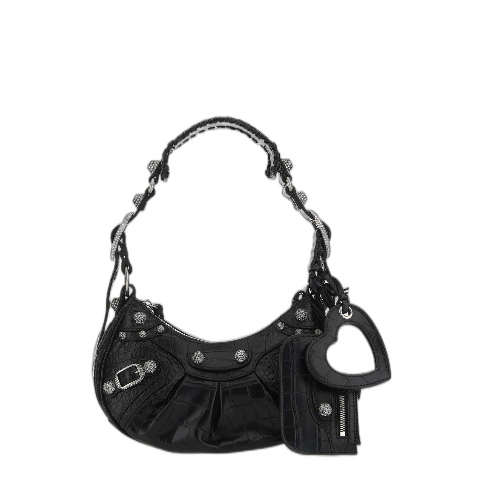 Le Cagole Xs Shoulder Bag in Black Crocodile Embossed With Rhinestones - Image 1